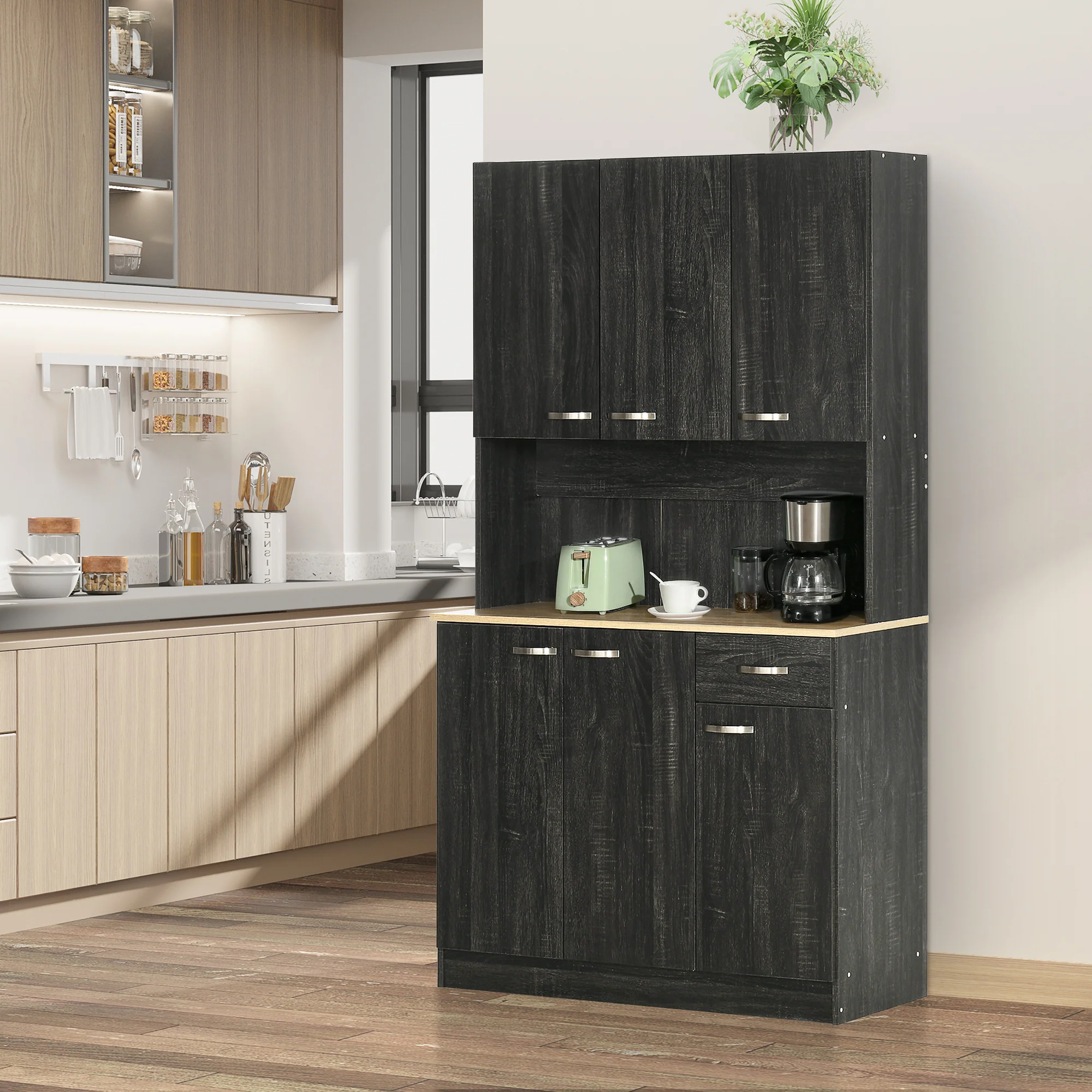 Buffet de cuisine armoire de cuisine contemporaine multi-rangements 6 portes 1 tiroir + grand plateau dim. 101L x 39l x 180H cm en bois noir - Image 3