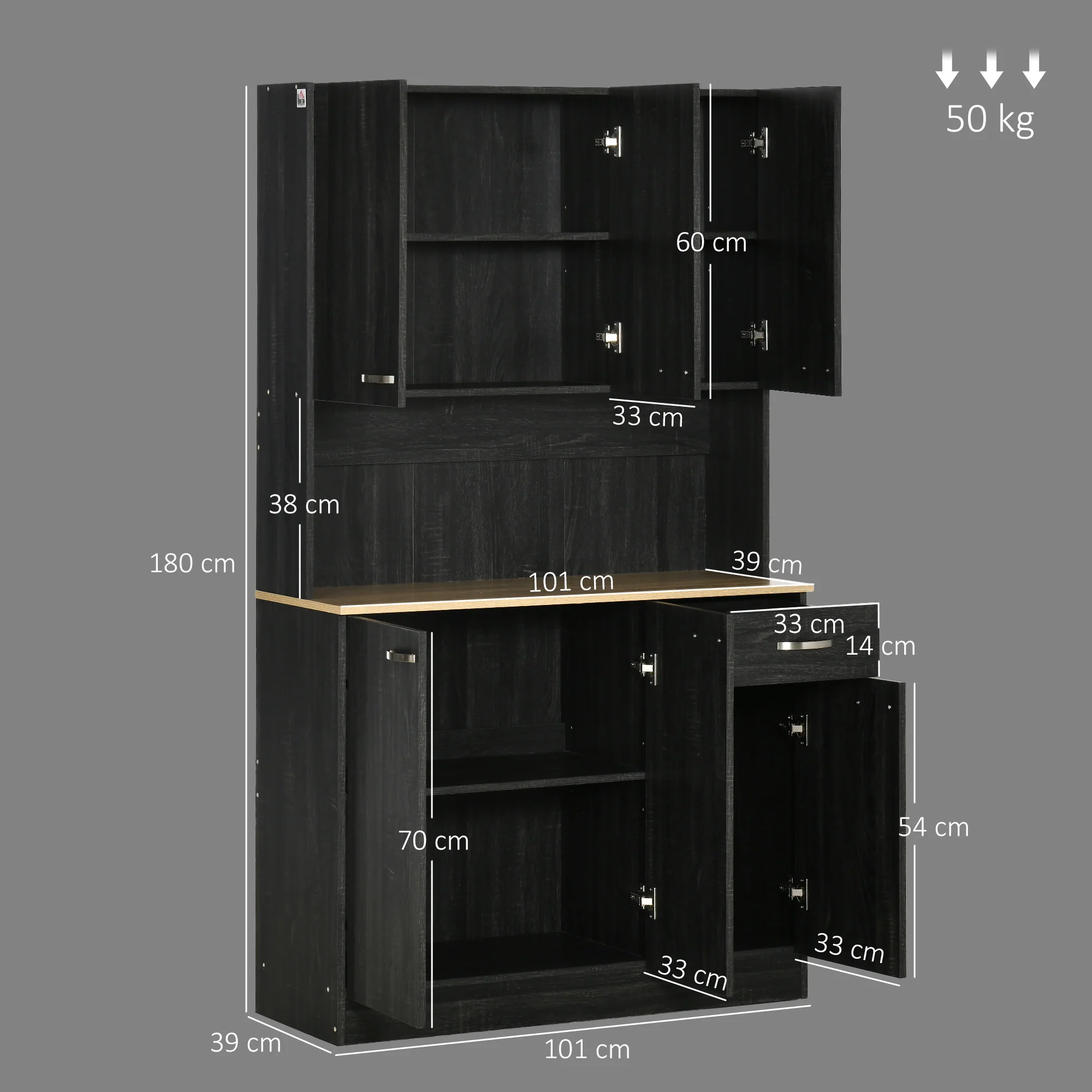 Buffet de cuisine armoire de cuisine contemporaine multi-rangements 6 portes 1 tiroir + grand plateau dim. 101L x 39l x 180H cm en bois noir - Image 4