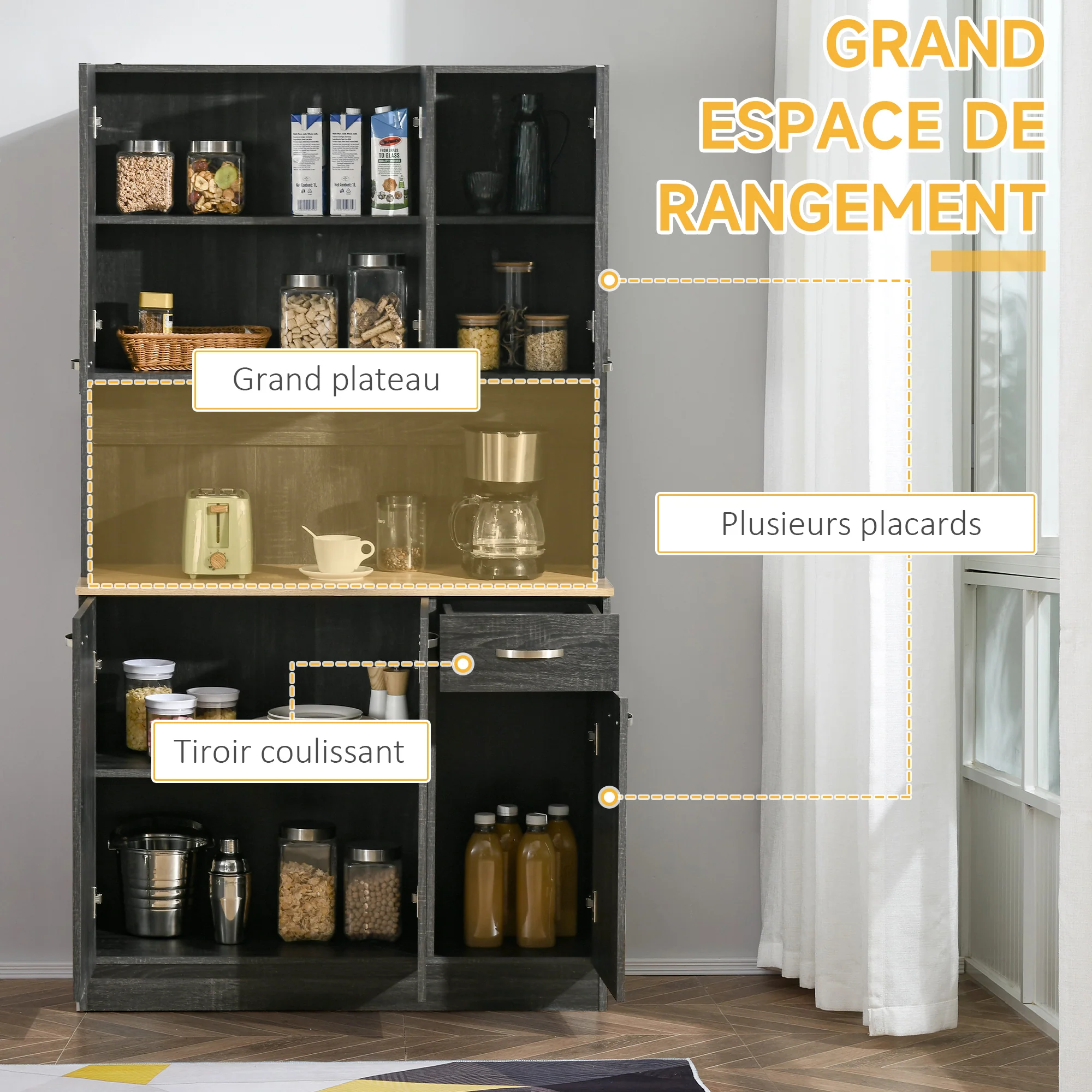 Buffet de cuisine armoire de cuisine contemporaine multi-rangements 6 portes 1 tiroir + grand plateau dim. 101L x 39l x 180H cm en bois noir - Image 5