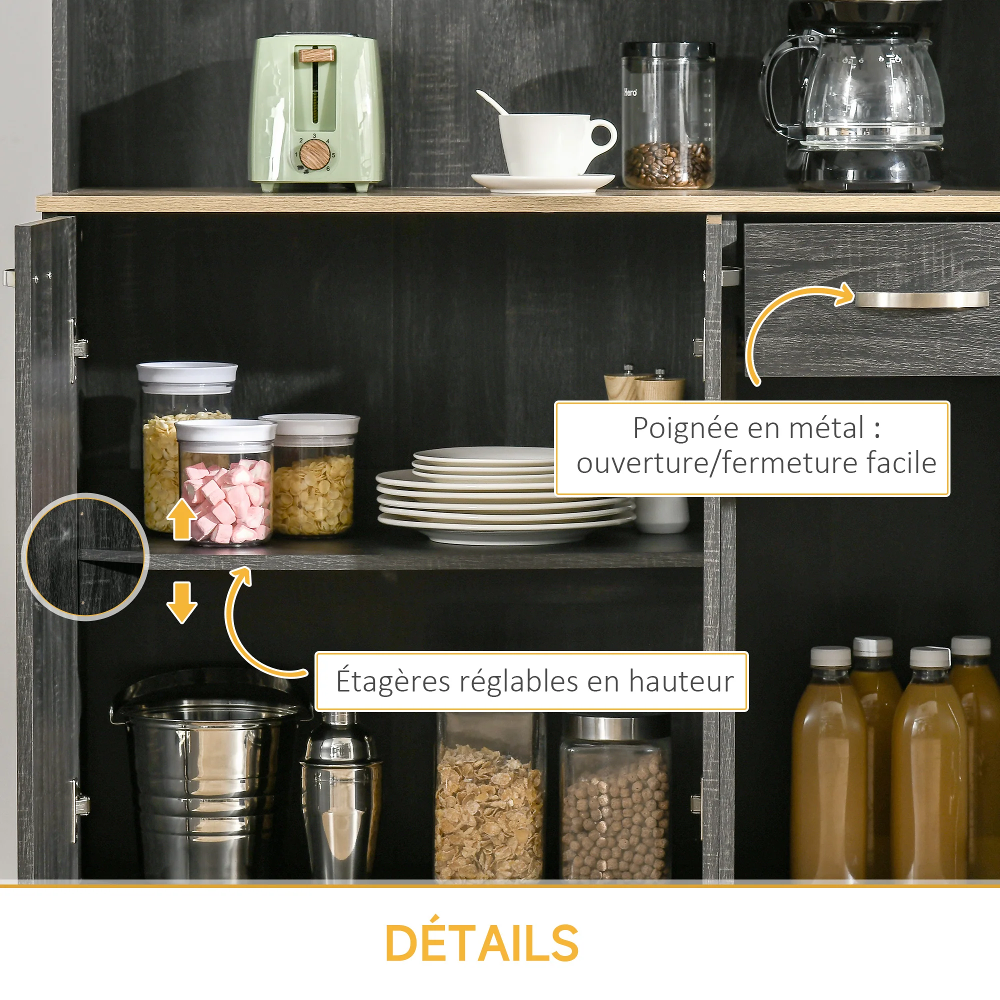 Buffet de cuisine armoire de cuisine contemporaine multi-rangements 6 portes 1 tiroir + grand plateau dim. 101L x 39l x 180H cm en bois noir - Image 7