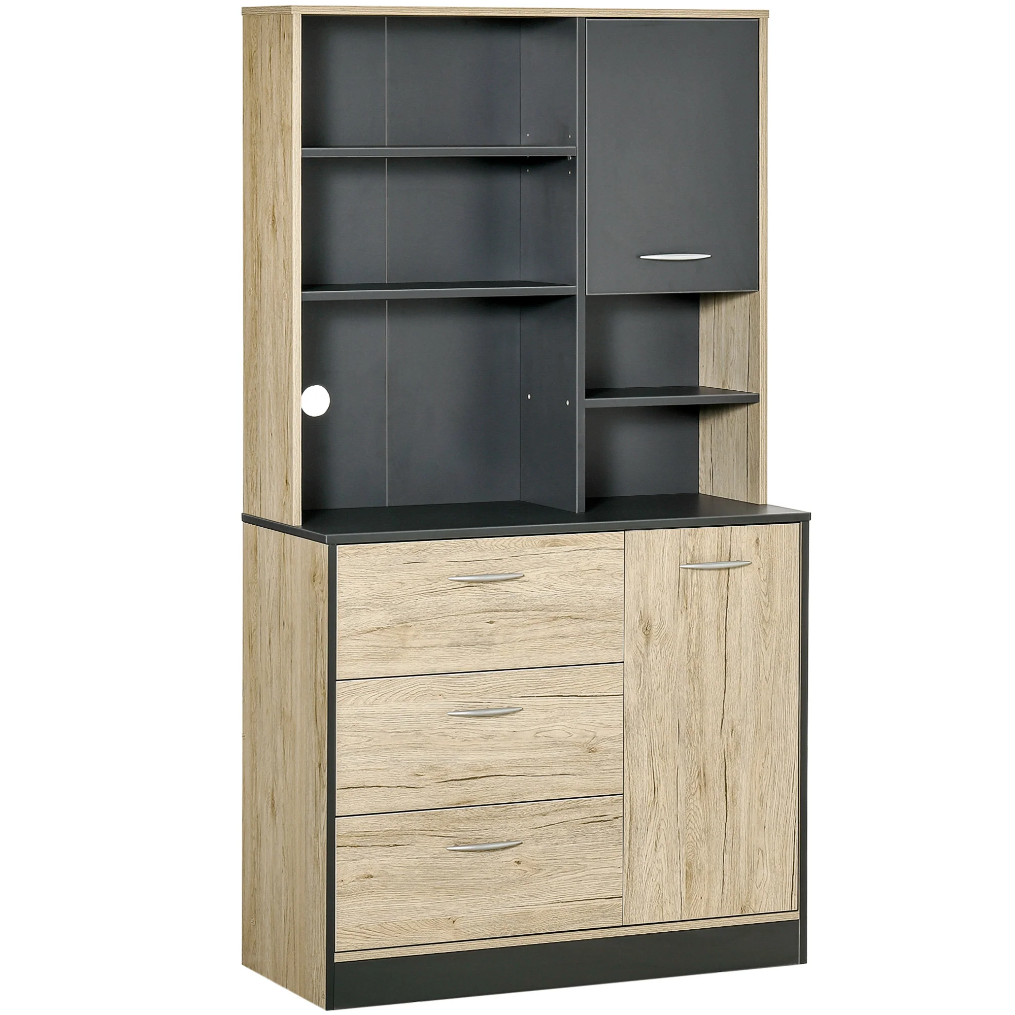 Buffet de cuisine armoire de cuisine multi-rangements 2 portes 3 tiroirs 3 étagères + grand plateau 90L x 39l x 169H cm bicolore chêne clair gris - Image 2