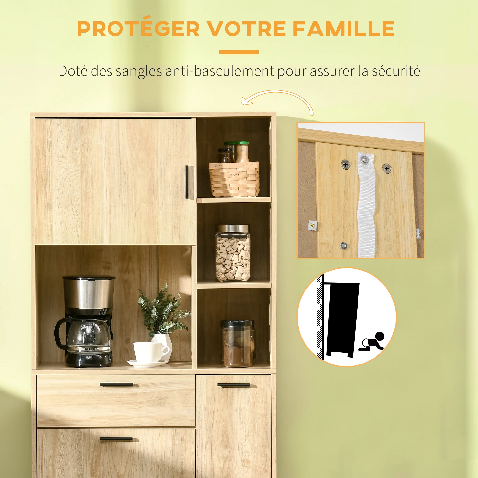 Buffet de cuisine armoire de cuisine multi-rangements avec un tiroir, 3 placards, 4 niches et passe-cables hauteur 166 cm - Image 6