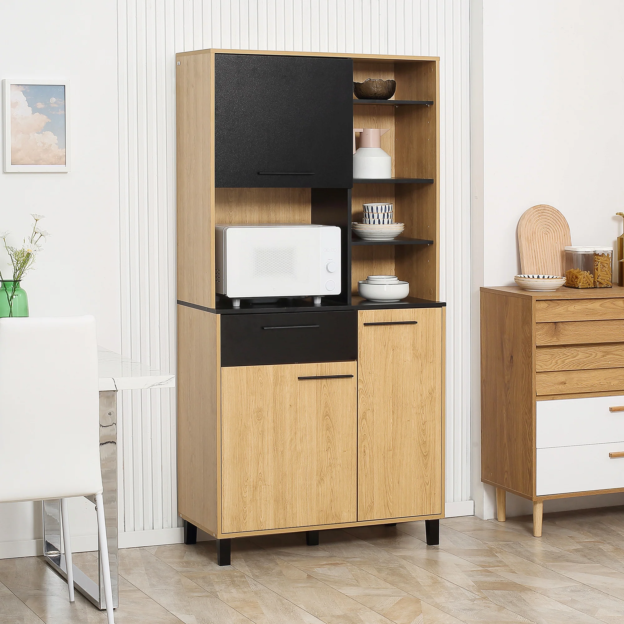 Buffet de cuisine armoire de cuisine multi-rangements avec un tiroir, 3 placards, 4 niches et passe-cables hauteur 180 cm - Image 3
