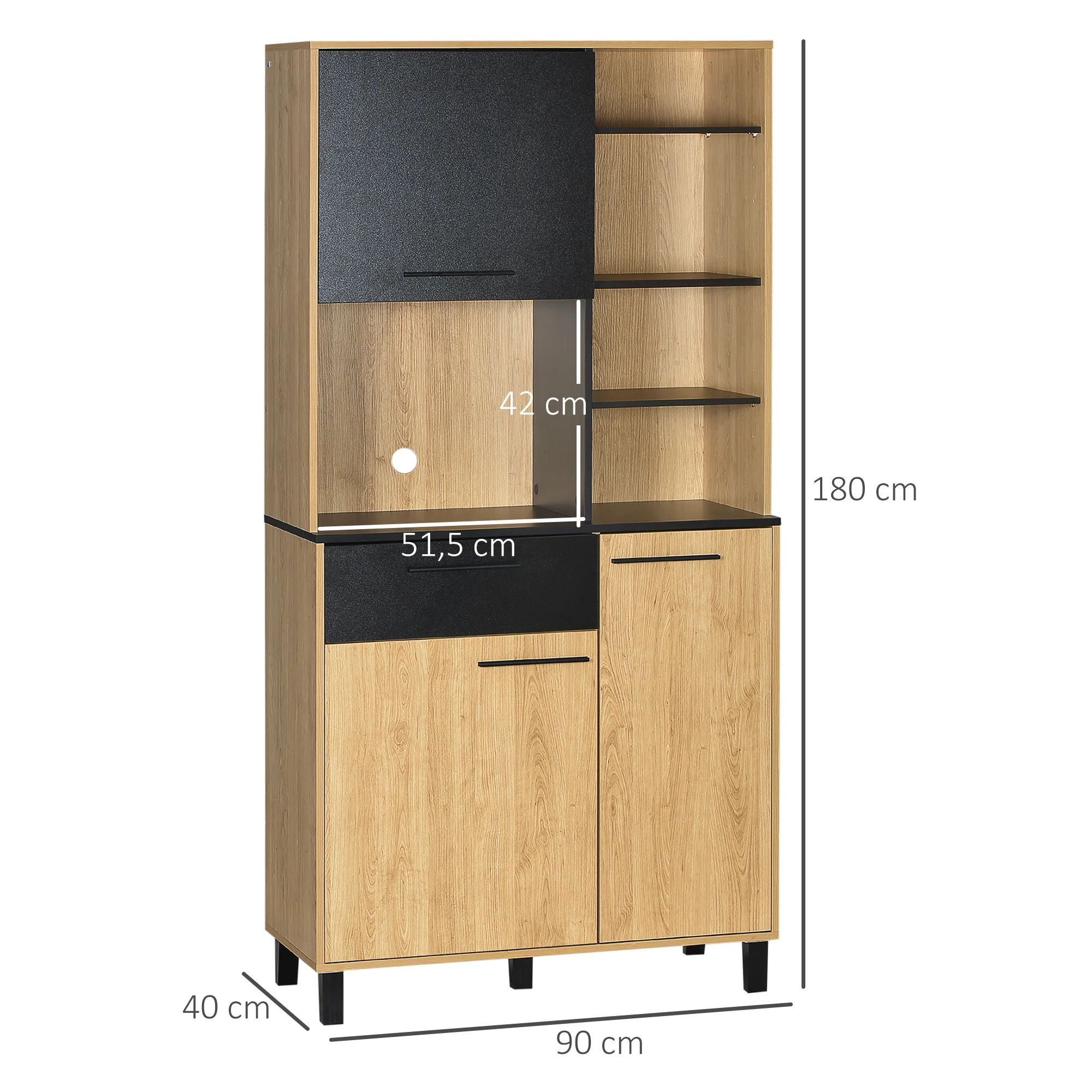 Buffet de cuisine armoire de cuisine multi-rangements avec un tiroir, 3 placards, 4 niches et passe-cables hauteur 180 cm - Image 4