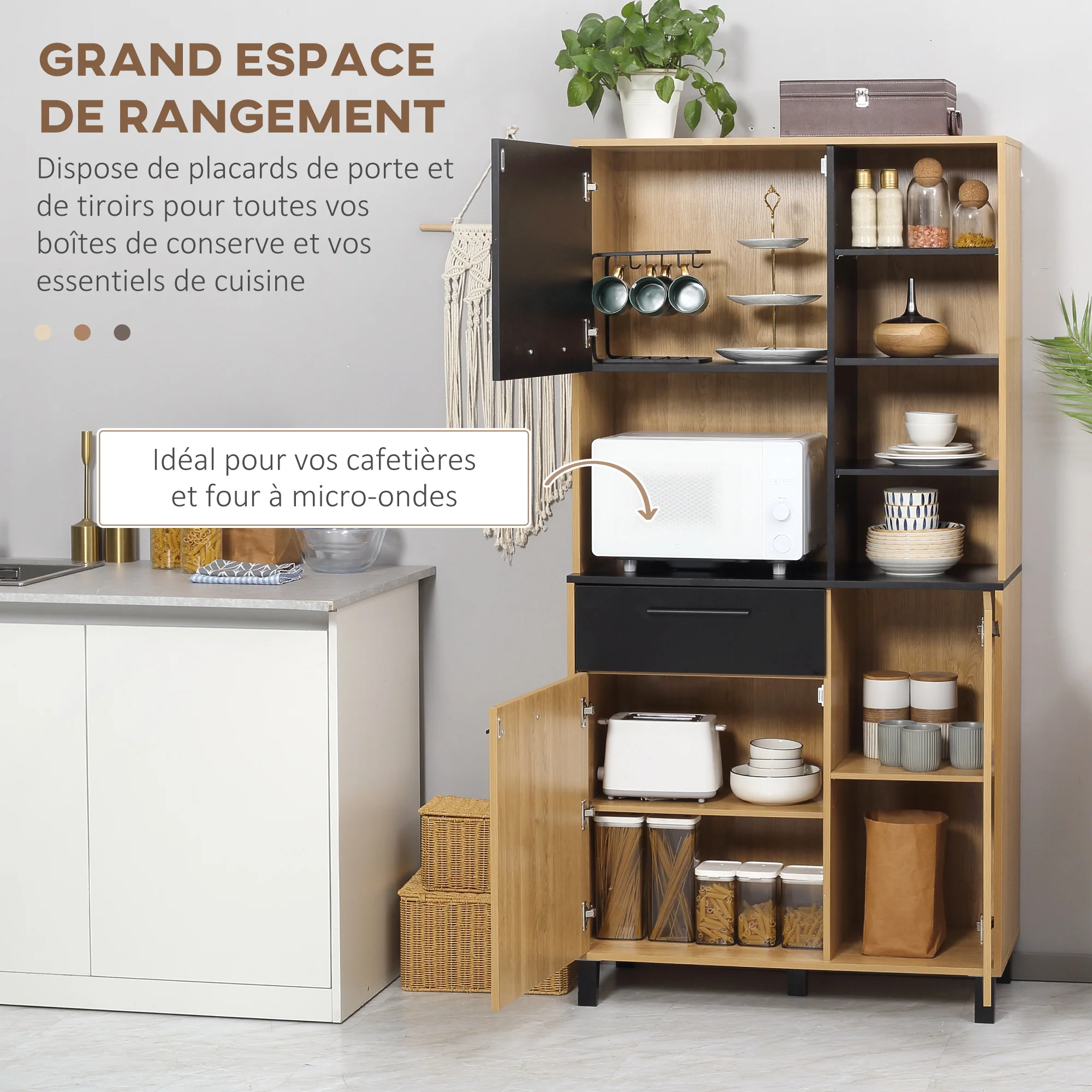 Buffet de cuisine armoire de cuisine multi-rangements avec un tiroir, 3 placards, 4 niches et passe-cables hauteur 180 cm - Image 5