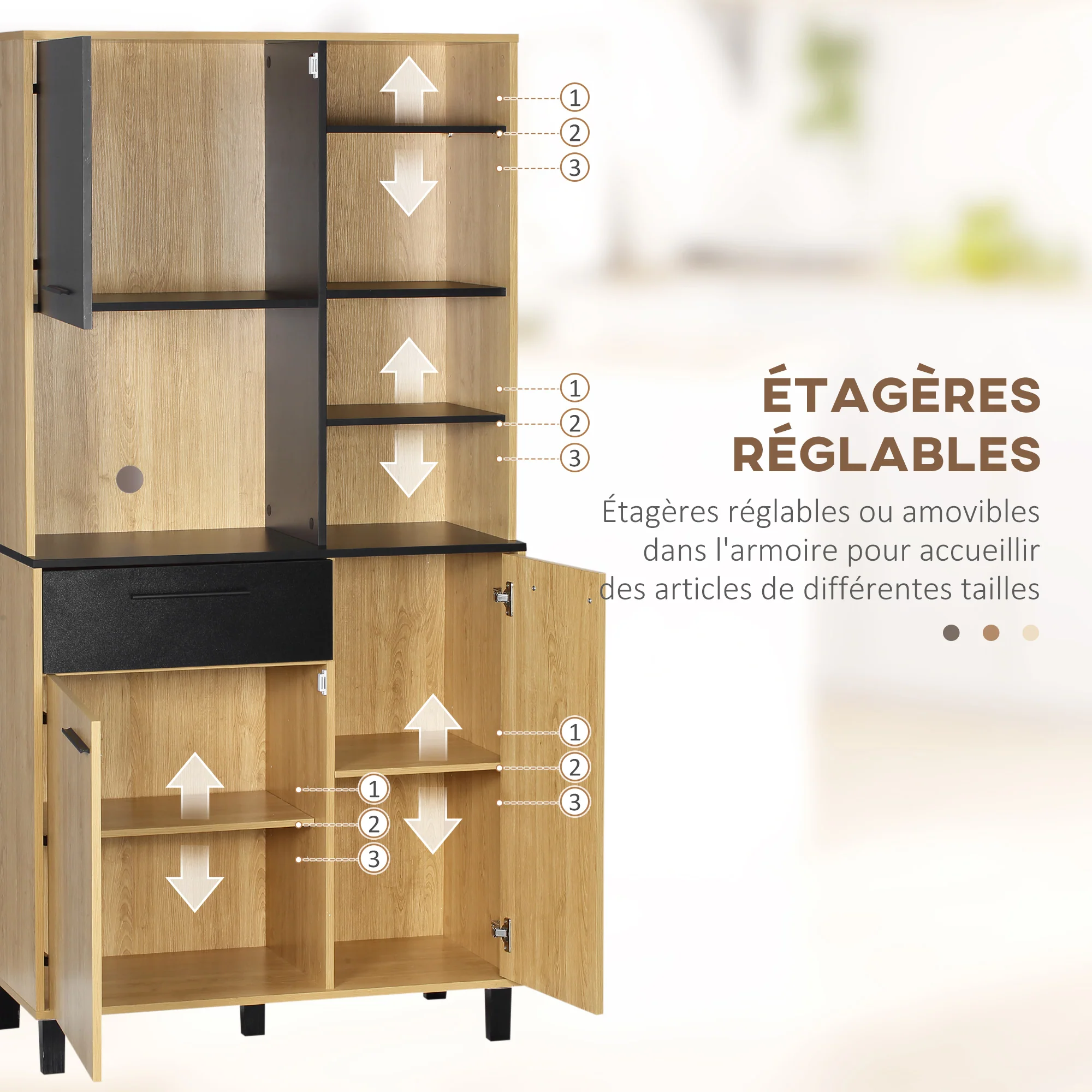 Buffet de cuisine armoire de cuisine multi-rangements avec un tiroir, 3 placards, 4 niches et passe-cables hauteur 180 cm - Image 7