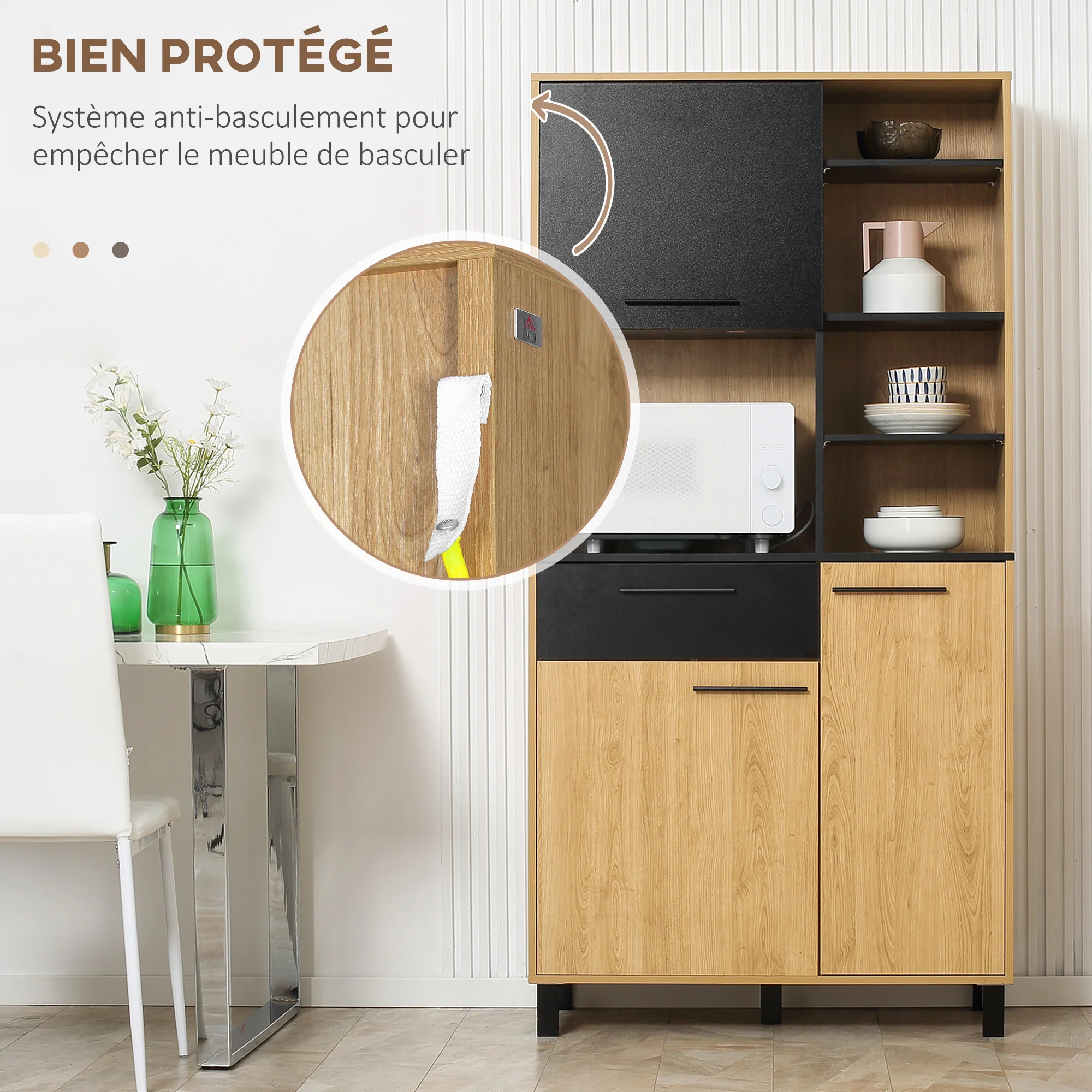 Buffet de cuisine armoire de cuisine multi-rangements avec un tiroir, 3 placards, 4 niches et passe-cables hauteur 180 cm - Image 9