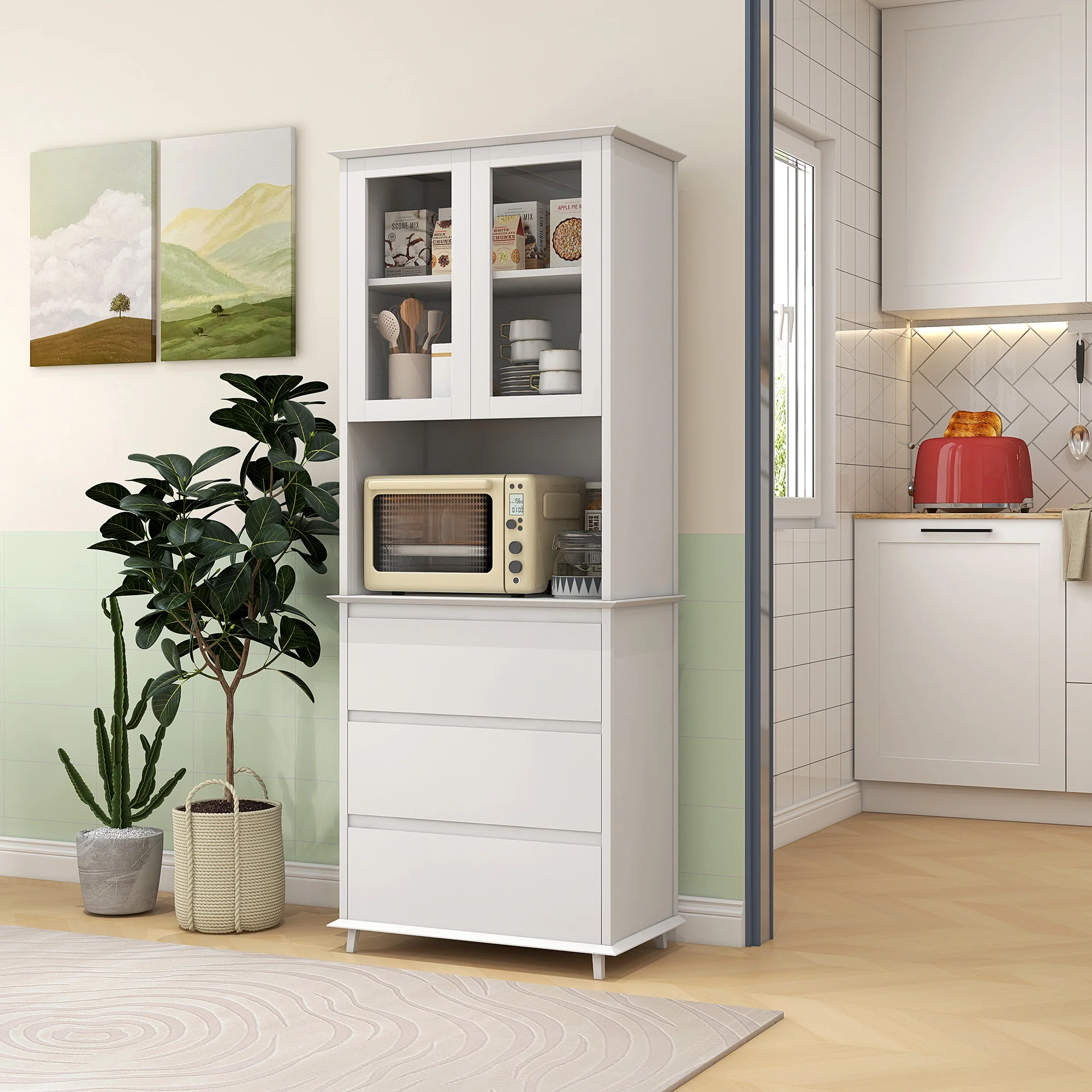 Buffet de cuisine meuble de rangement placard 2 portes 3 tiroirs et niche centrale dim. 68L x 38l x 172H cm en bois blanc - Image 3
