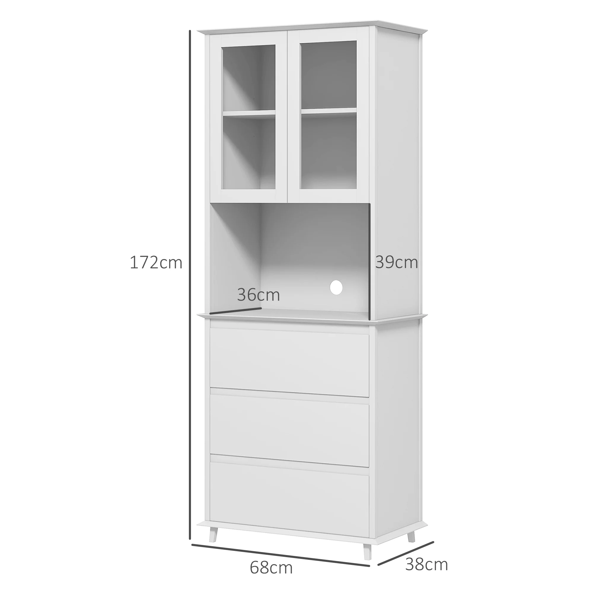 Buffet de cuisine meuble de rangement placard 2 portes 3 tiroirs et niche centrale dim. 68L x 38l x 172H cm en bois blanc - Image 4