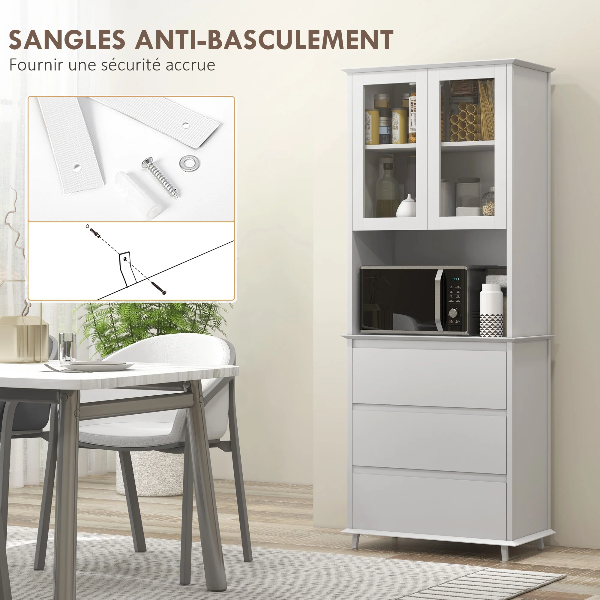 Buffet de cuisine meuble de rangement placard 2 portes 3 tiroirs et niche centrale dim. 68L x 38l x 172H cm en bois blanc - Image 8