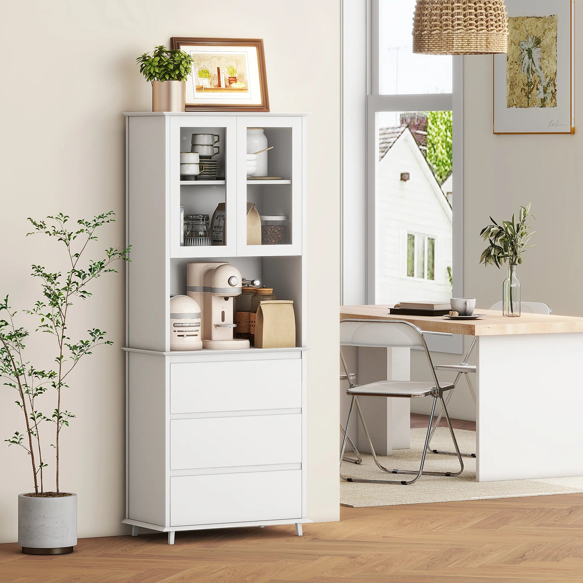 Buffet de cuisine meuble de rangement placard 2 portes 3 tiroirs et niche centrale dim. 68L x 38l x 172H cm en bois blanc - Image 9