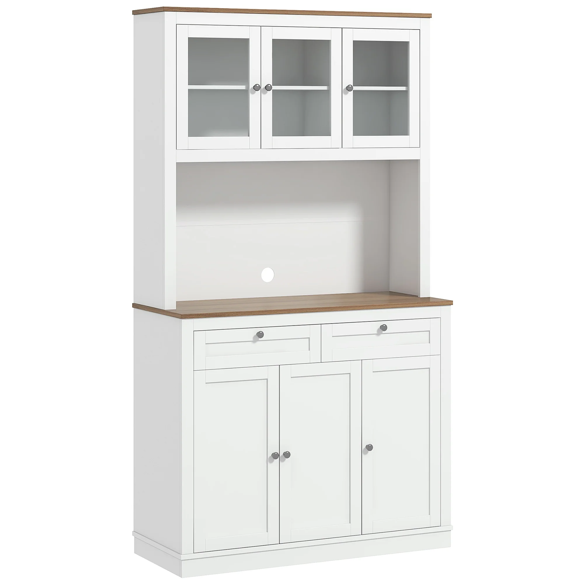 Buffet haut cuisine, armoire de cuisine, vaisselier, 6 portes dont 3 en verre, 2 tiroirs, plan de travail, étagères réglables, meuble de rangement pour salon salle à manger, 100x40x180cm, blanc