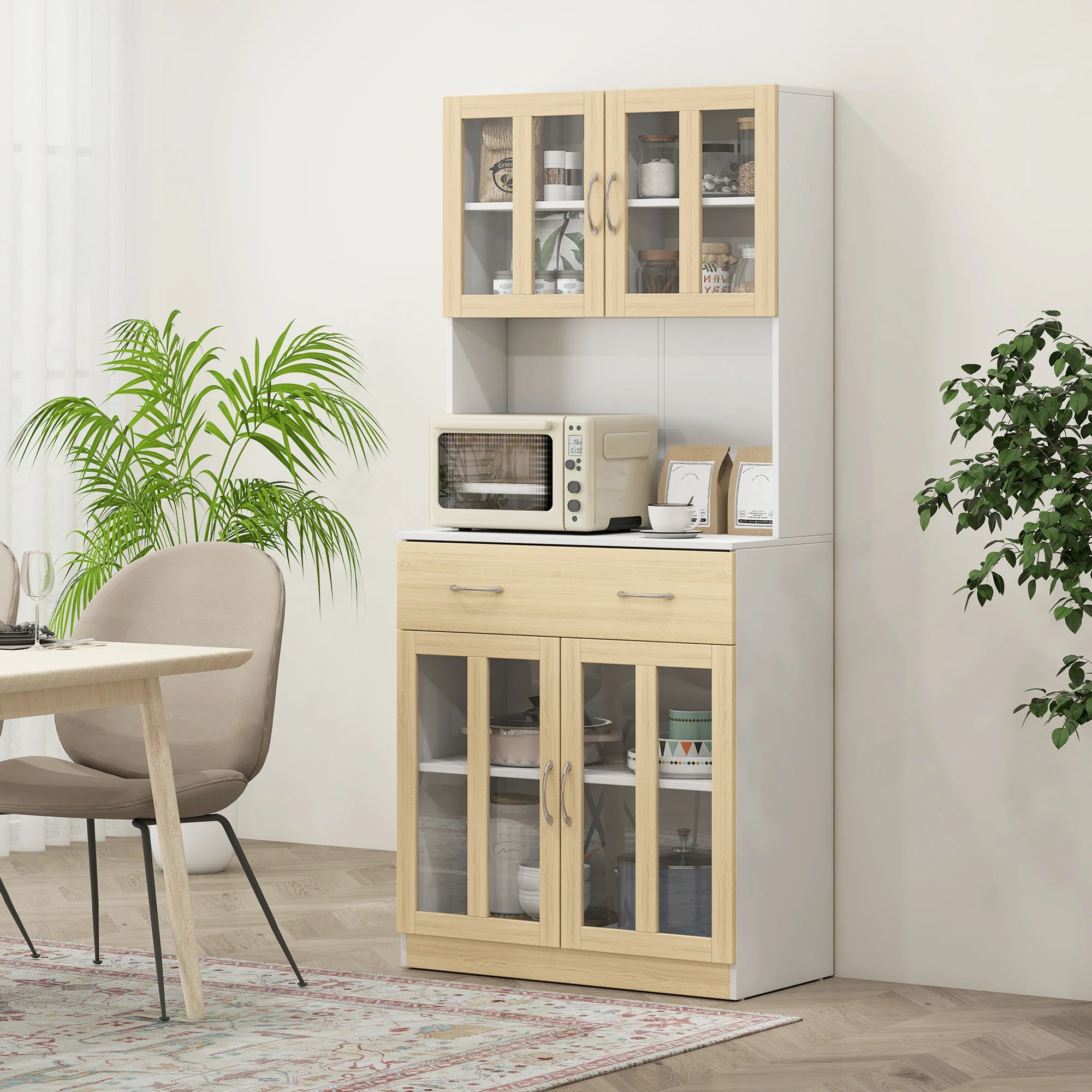 Buffet haut de Cuisine Armoire de Cuisine Multi-Rangement 4 Portes vitrine Verre avec étagère tiroir Coulissant Grand Plateau en Bois Blanc Aspect chêne Clair - Image 3
