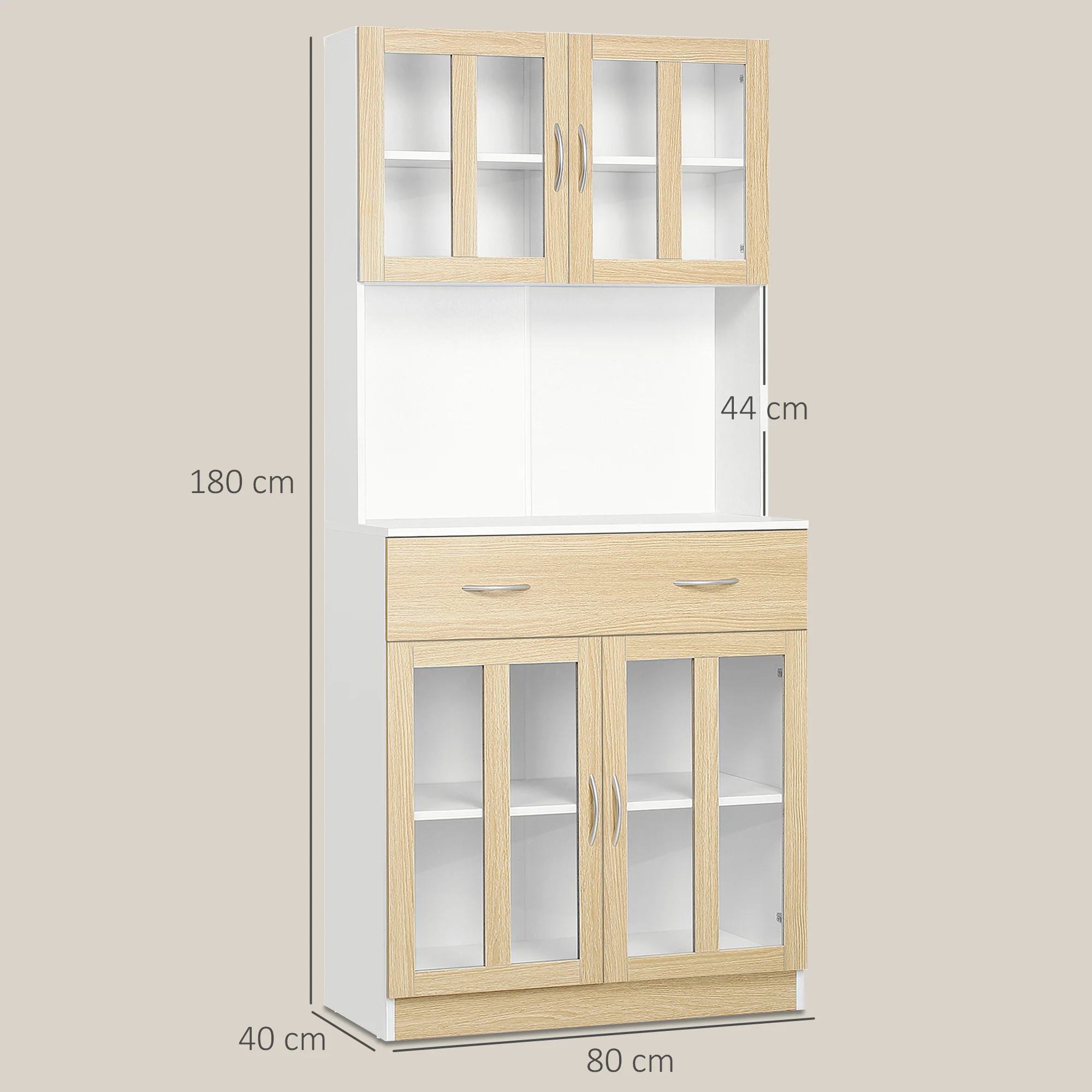 Buffet haut de Cuisine Armoire de Cuisine Multi-Rangement 4 Portes vitrine Verre avec étagère tiroir Coulissant Grand Plateau en Bois Blanc Aspect chêne Clair - Image 4