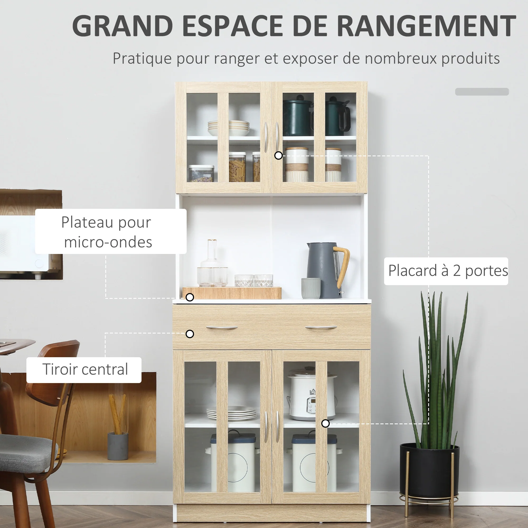Buffet haut de Cuisine Armoire de Cuisine Multi-Rangement 4 Portes vitrine Verre avec étagère tiroir Coulissant Grand Plateau en Bois Blanc Aspect chêne Clair - Image 5