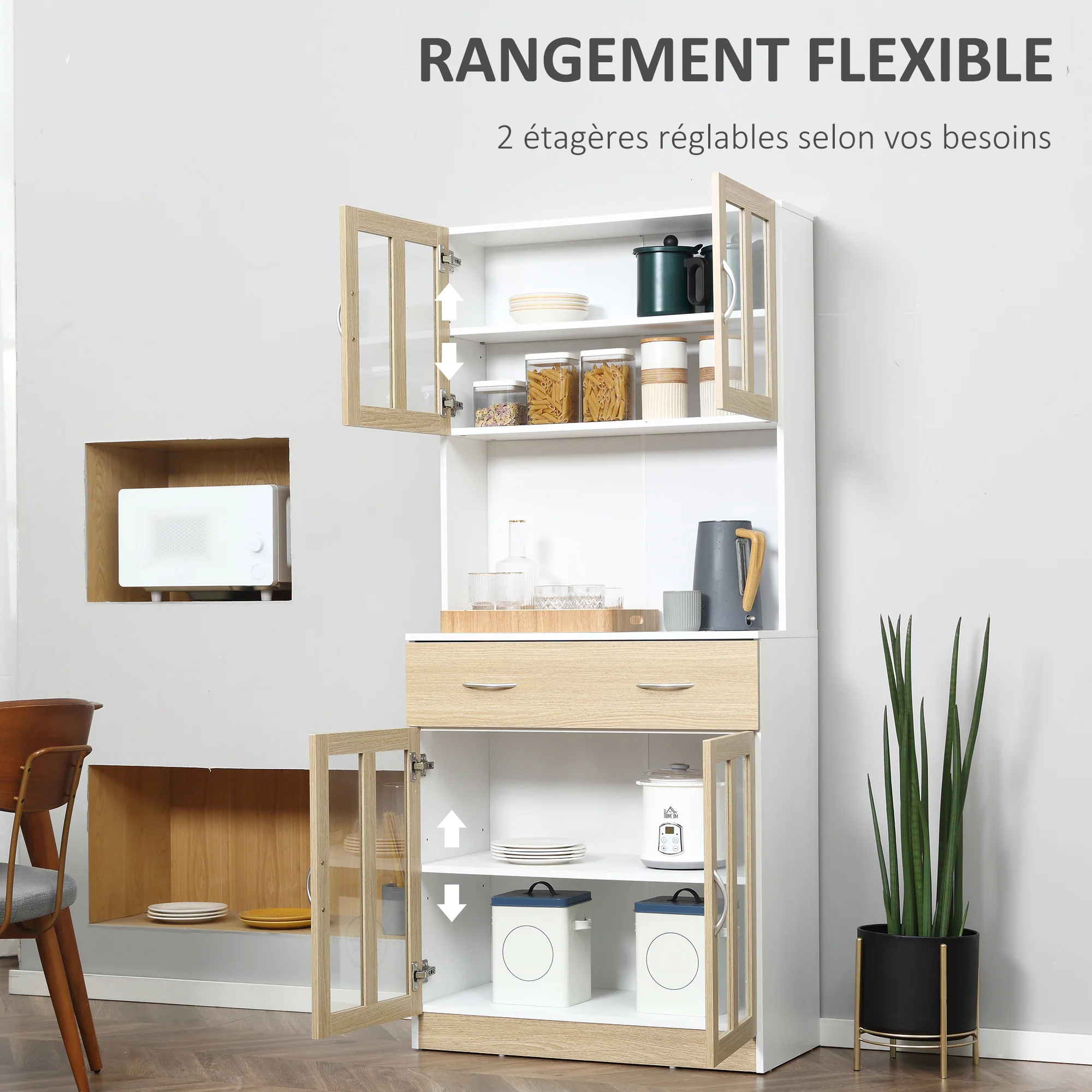 Buffet haut de Cuisine Armoire de Cuisine Multi-Rangement 4 Portes vitrine Verre avec étagère tiroir Coulissant Grand Plateau en Bois Blanc Aspect chêne Clair - Image 6