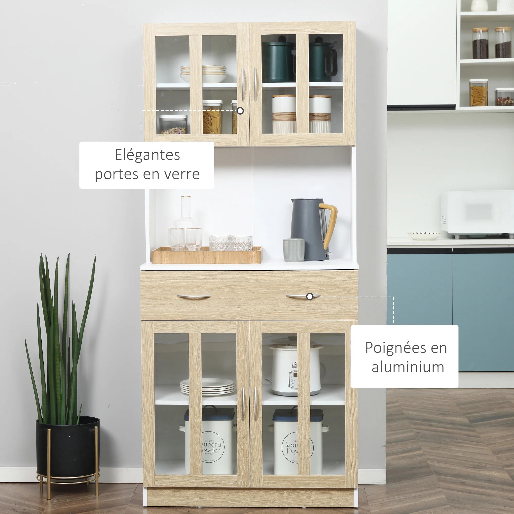 Buffet haut de Cuisine Armoire de Cuisine Multi-Rangement 4 Portes vitrine Verre avec étagère tiroir Coulissant Grand Plateau en Bois Blanc Aspect chêne Clair - Image 7