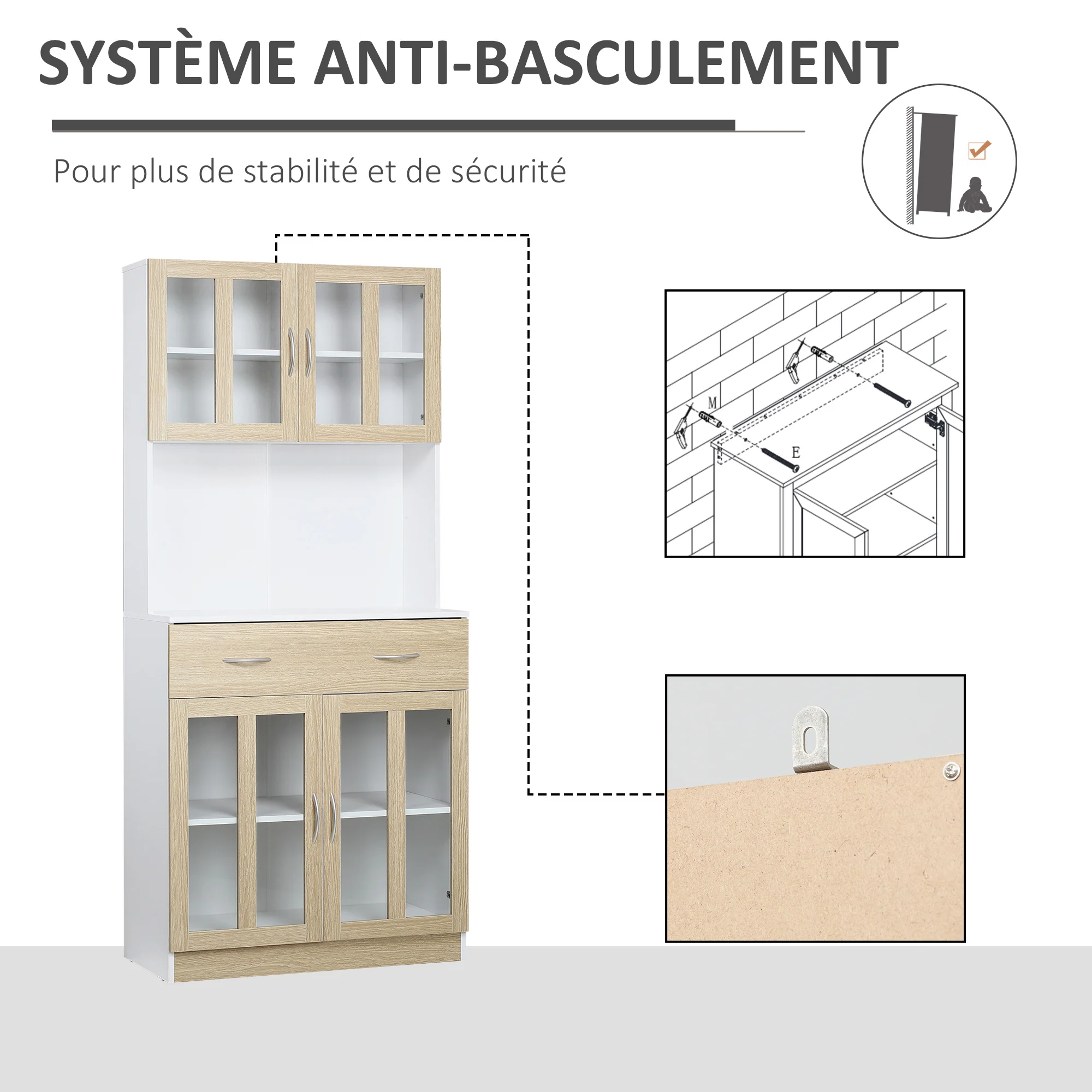 Buffet haut de Cuisine Armoire de Cuisine Multi-Rangement 4 Portes vitrine Verre avec étagère tiroir Coulissant Grand Plateau en Bois Blanc Aspect chêne Clair - Image 8