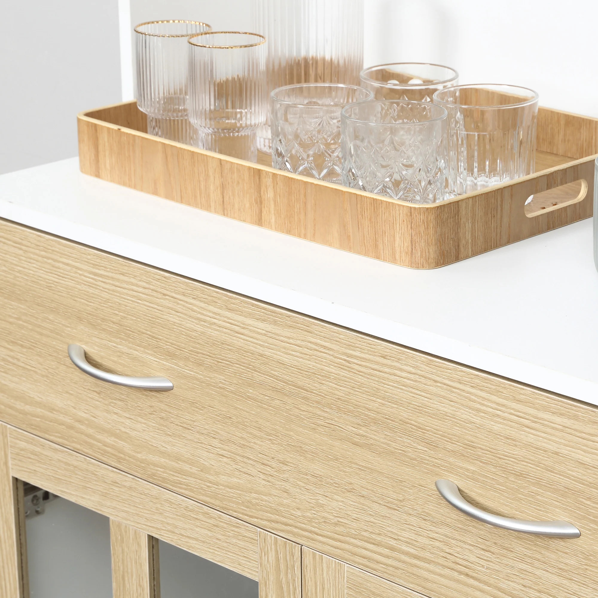 Buffet haut de Cuisine Armoire de Cuisine Multi-Rangement 4 Portes vitrine Verre avec étagère tiroir Coulissant Grand Plateau en Bois Blanc Aspect chêne Clair - Image 9