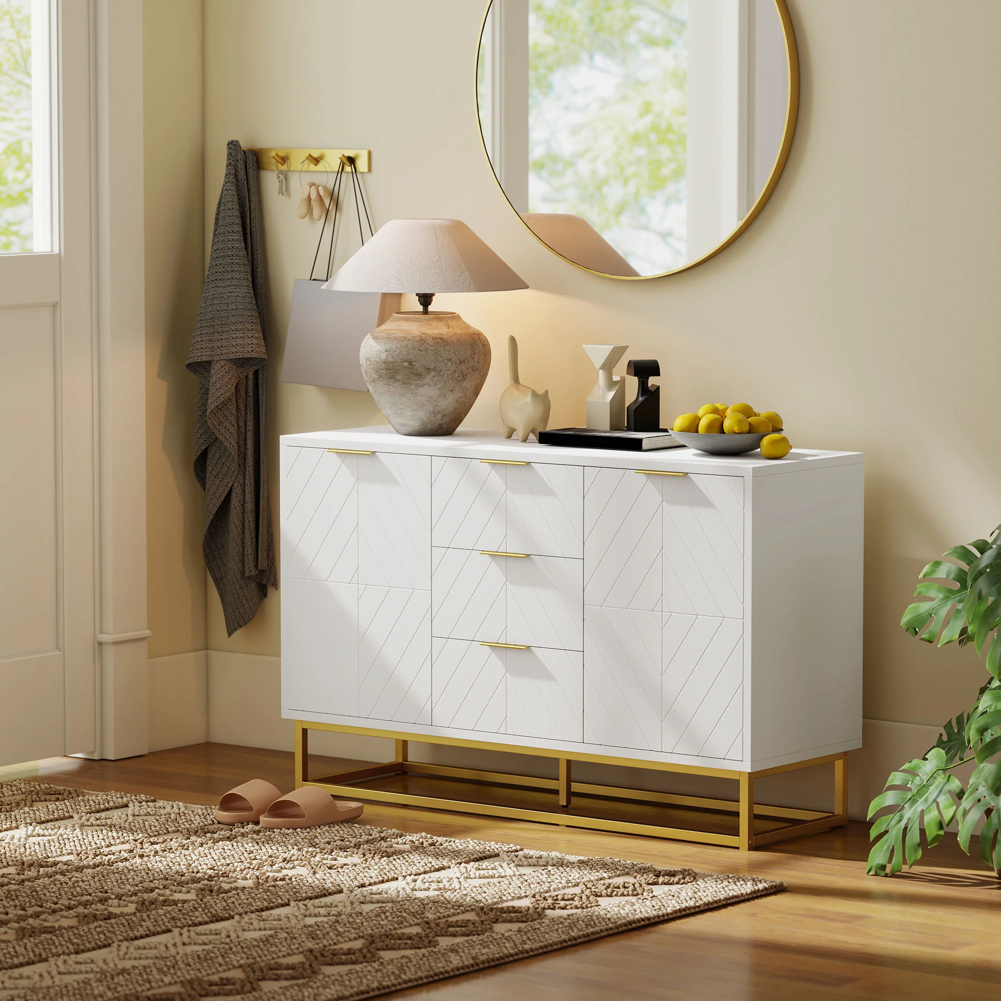 Buffet, meuble cuisine rangement, design contemporain graphique, 2 placards porte, étagères réglables, 3 tiroirs coulissants, bois blanc métal doré, 120 x 40 x 76 cm - Image 10