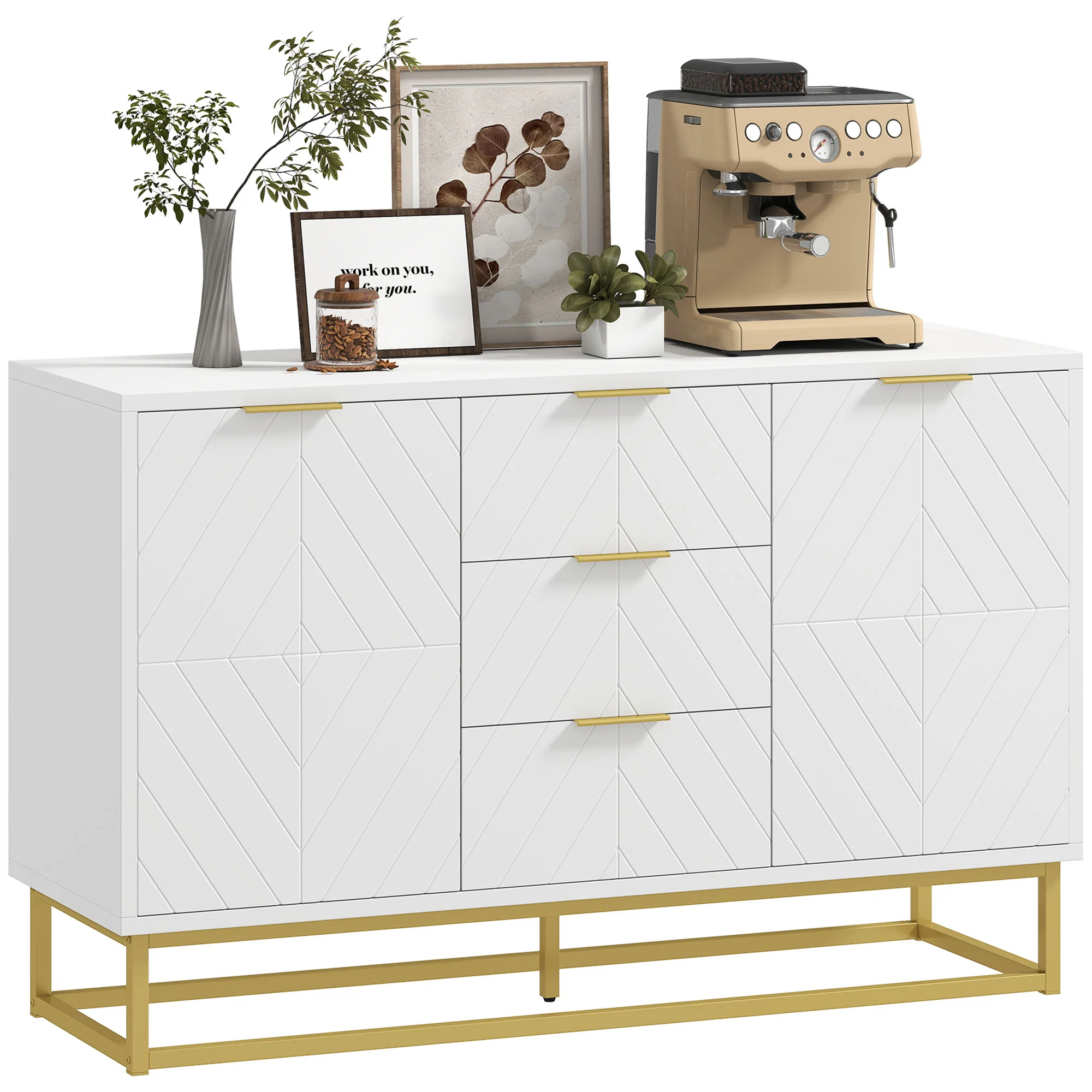 Buffet, meuble cuisine rangement, design contemporain graphique, 2 placards porte, étagères réglables, 3 tiroirs coulissants, bois blanc métal doré, 120 x 40 x 76 cm - Image 11