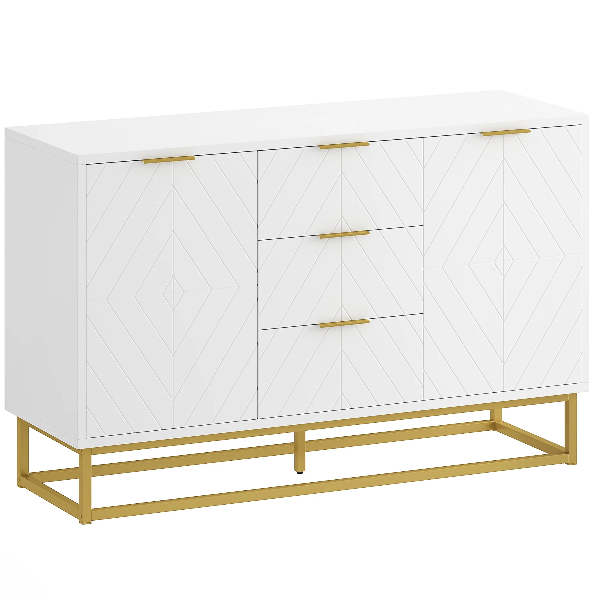 Buffet, meuble cuisine rangement, design contemporain graphique, 2 placards porte, étagères réglables, 3 tiroirs coulissants, bois blanc métal doré, 120 x 40 x 76 cm - Image 2