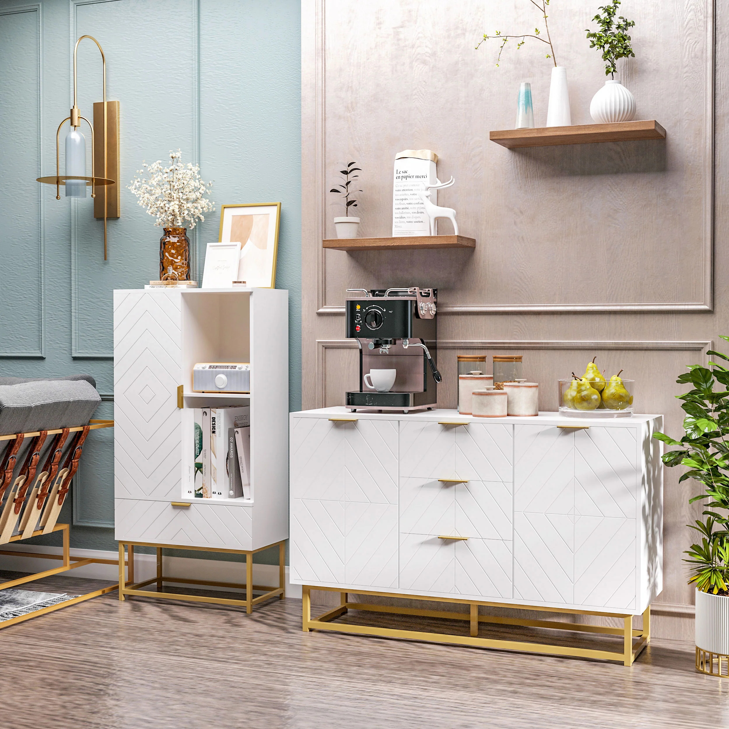 Buffet, meuble cuisine rangement, design contemporain graphique, 2 placards porte, étagères réglables, 3 tiroirs coulissants, bois blanc métal doré, 120 x 40 x 76 cm - Image 3