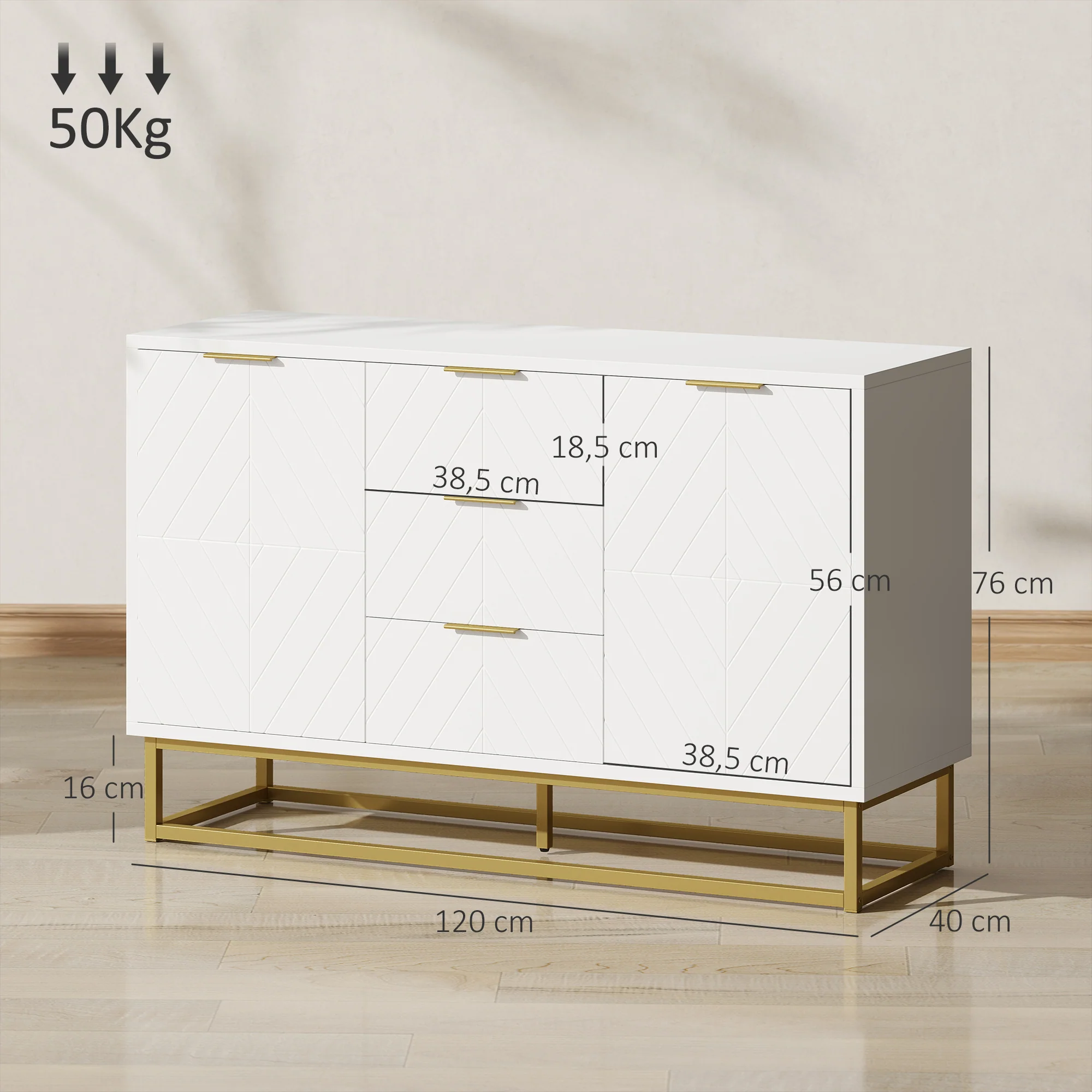 Buffet, meuble cuisine rangement, design contemporain graphique, 2 placards porte, étagères réglables, 3 tiroirs coulissants, bois blanc métal doré, 120 x 40 x 76 cm - Image 4
