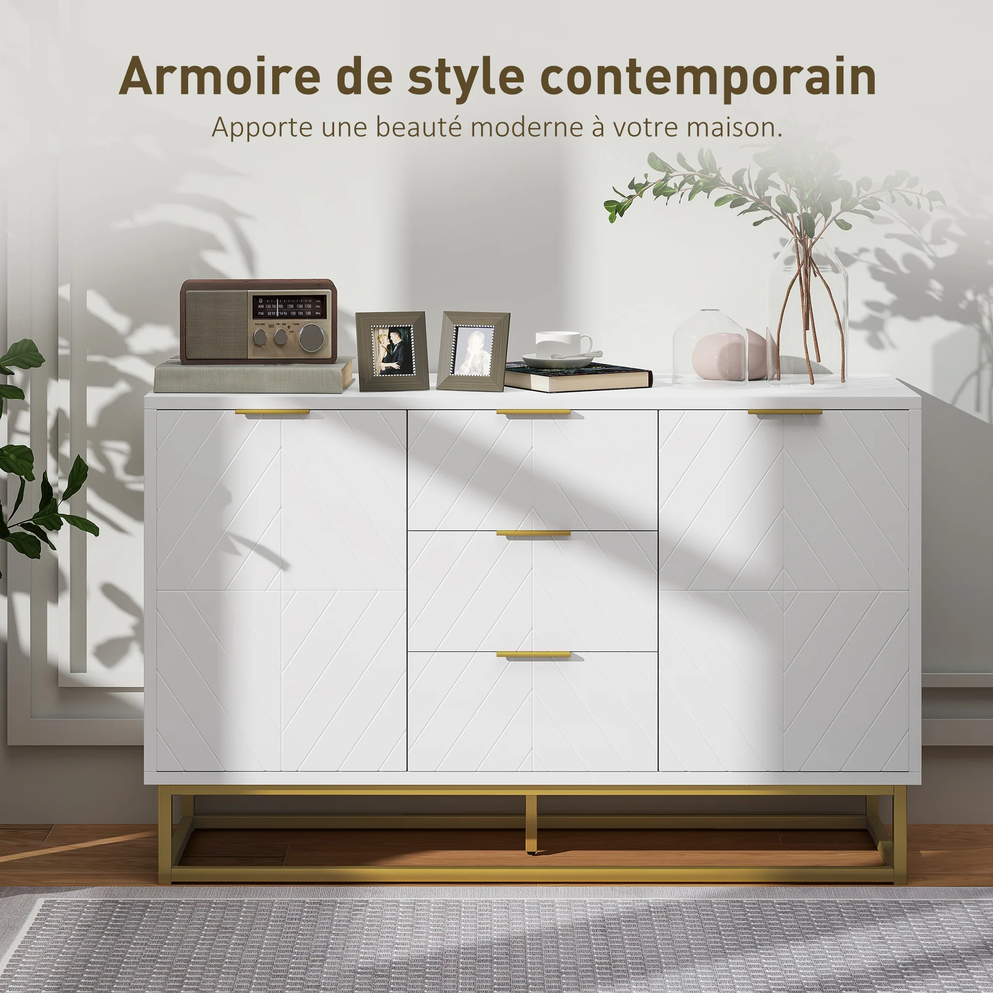 Buffet, meuble cuisine rangement, design contemporain graphique, 2 placards porte, étagères réglables, 3 tiroirs coulissants, bois blanc métal doré, 120 x 40 x 76 cm - Image 5