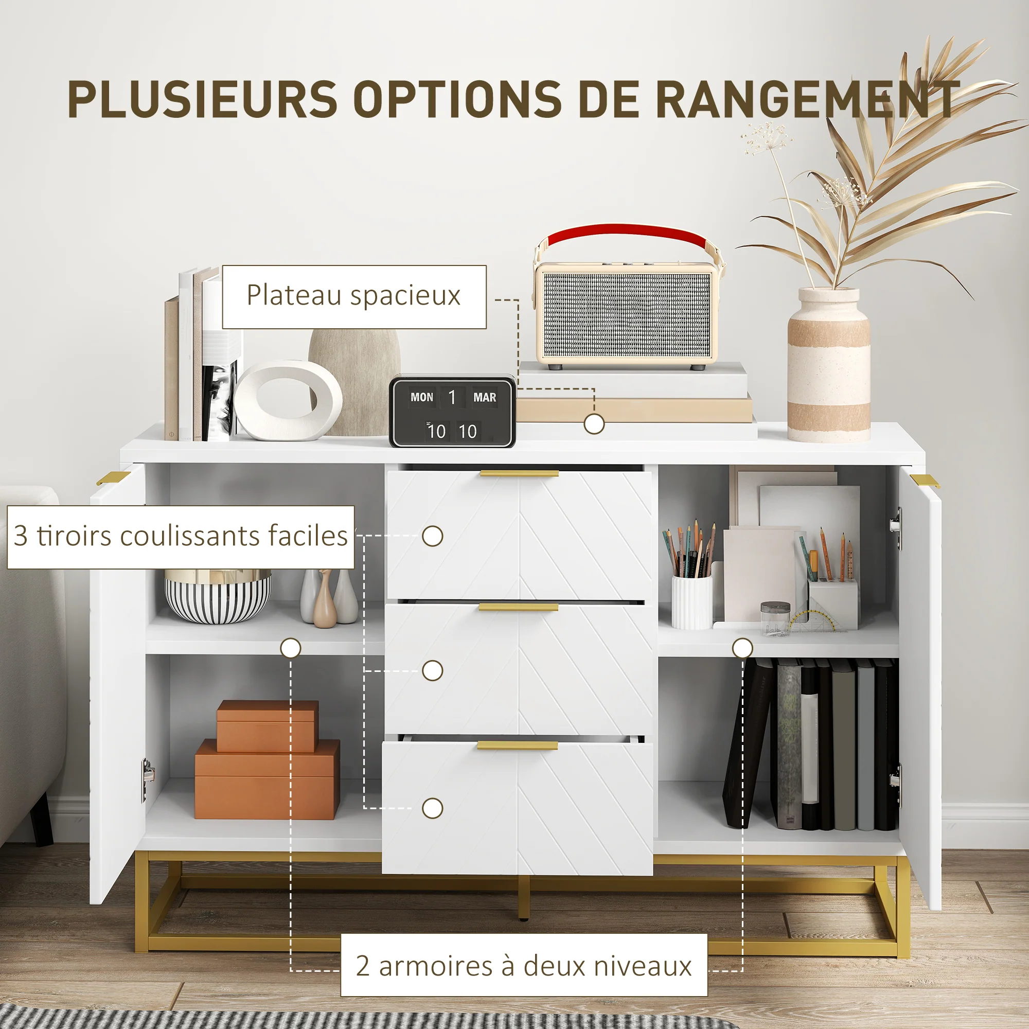 Buffet, meuble cuisine rangement, design contemporain graphique, 2 placards porte, étagères réglables, 3 tiroirs coulissants, bois blanc métal doré, 120 x 40 x 76 cm - Image 6