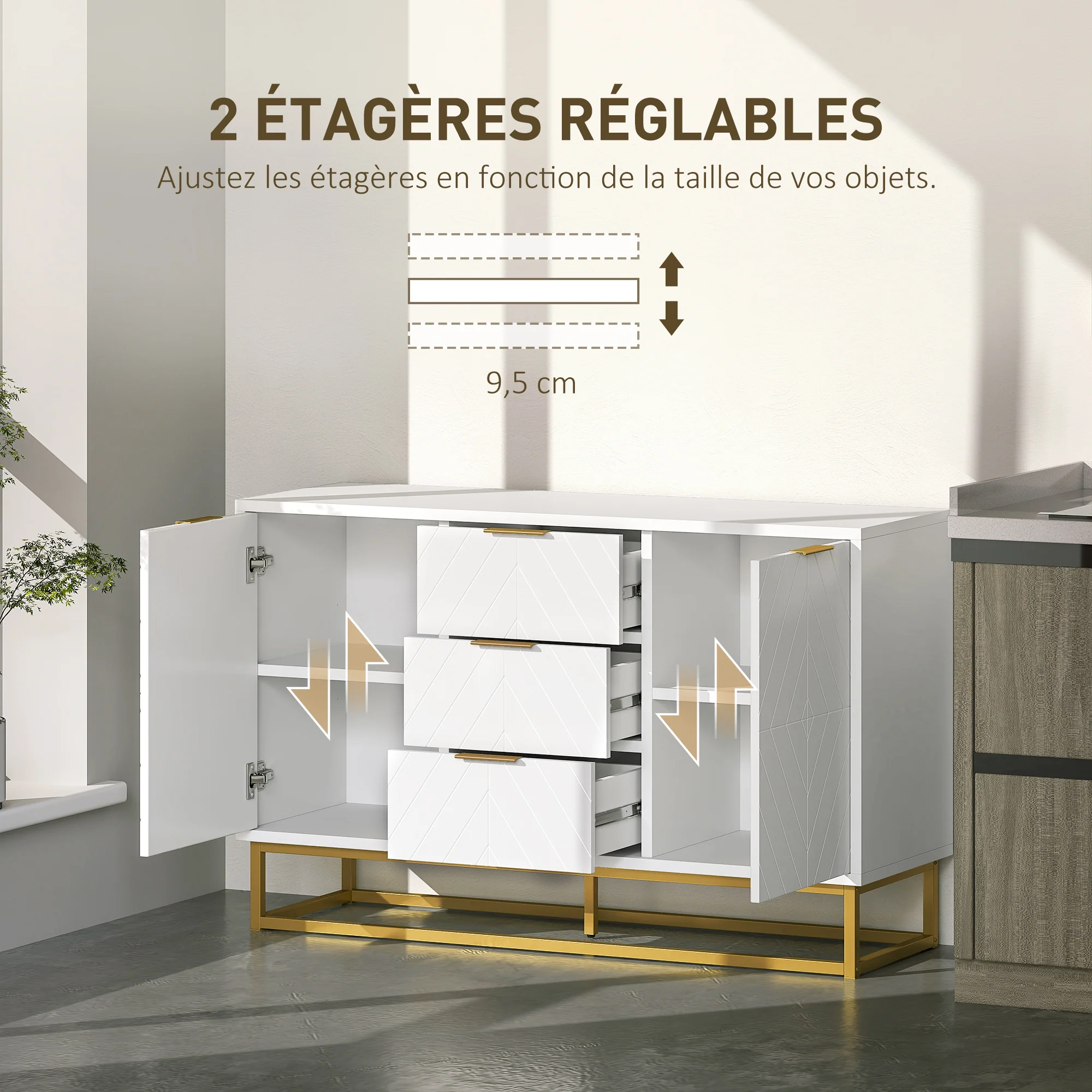Buffet, meuble cuisine rangement, design contemporain graphique, 2 placards porte, étagères réglables, 3 tiroirs coulissants, bois blanc métal doré, 120 x 40 x 76 cm - Image 7