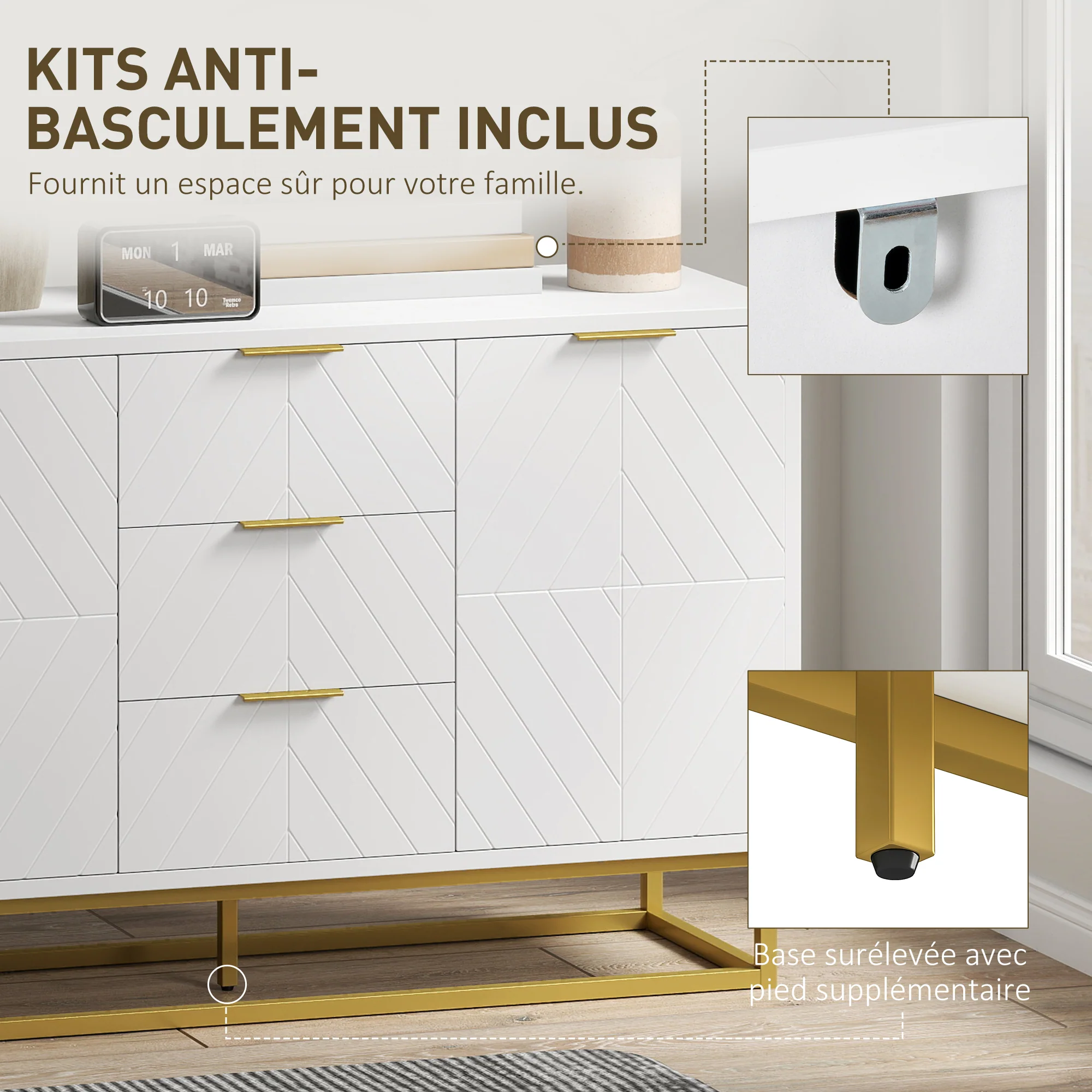 Buffet, meuble cuisine rangement, design contemporain graphique, 2 placards porte, étagères réglables, 3 tiroirs coulissants, bois blanc métal doré, 120 x 40 x 76 cm - Image 8
