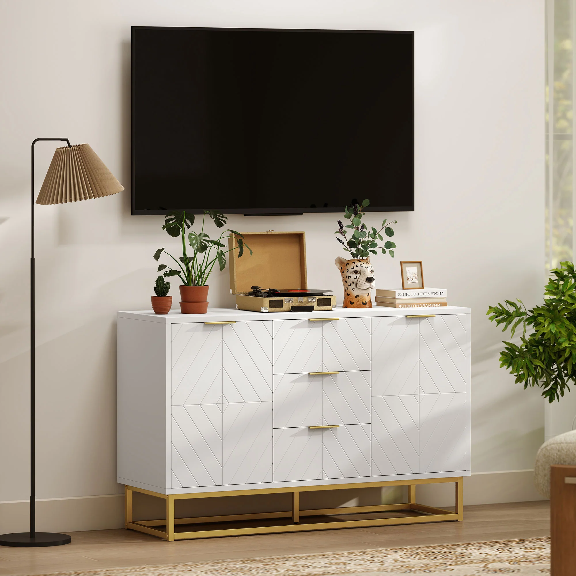 Buffet, meuble cuisine rangement, design contemporain graphique, 2 placards porte, étagères réglables, 3 tiroirs coulissants, bois blanc métal doré, 120 x 40 x 76 cm - Image 9