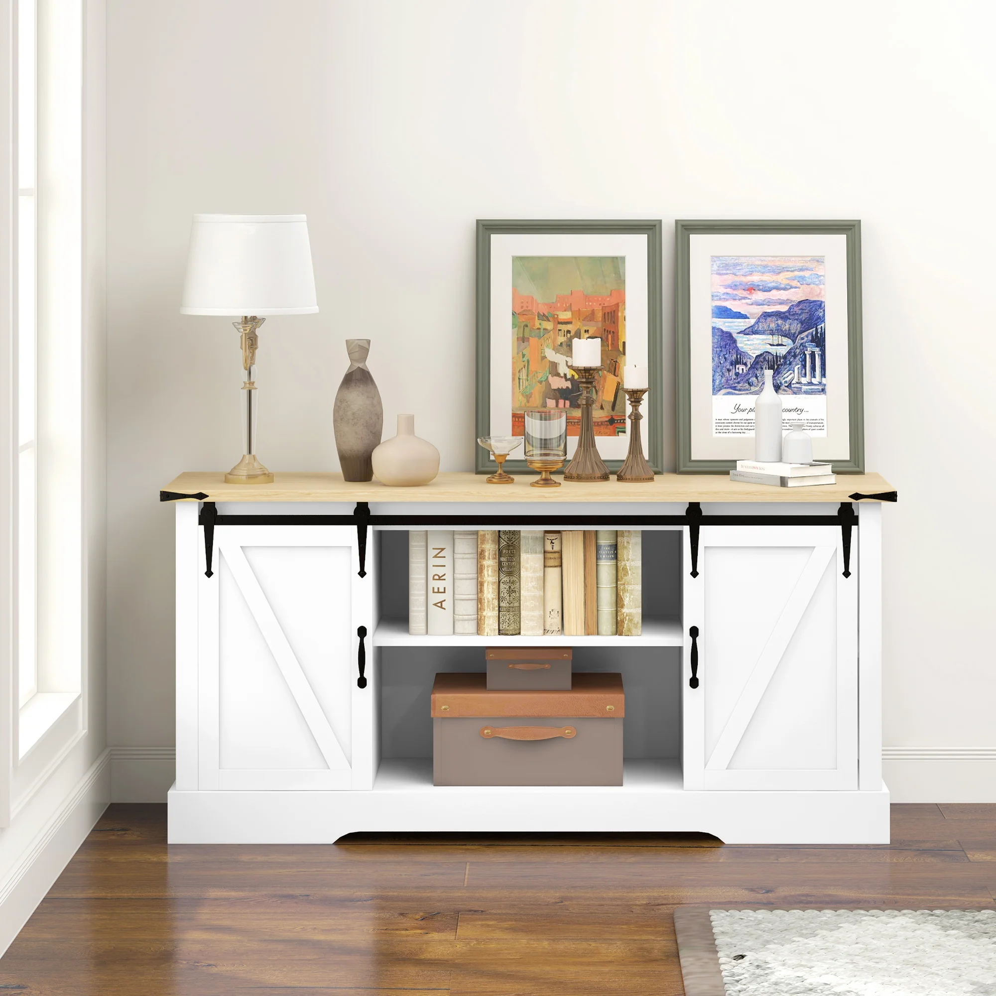 Buffet, meuble de rangement, avec 2 portes coulissantes étagères réglables, pour le salon, salle à manger, couloir, 150l x 40P x 72H cm, en bois, blanc chêne - Image 10