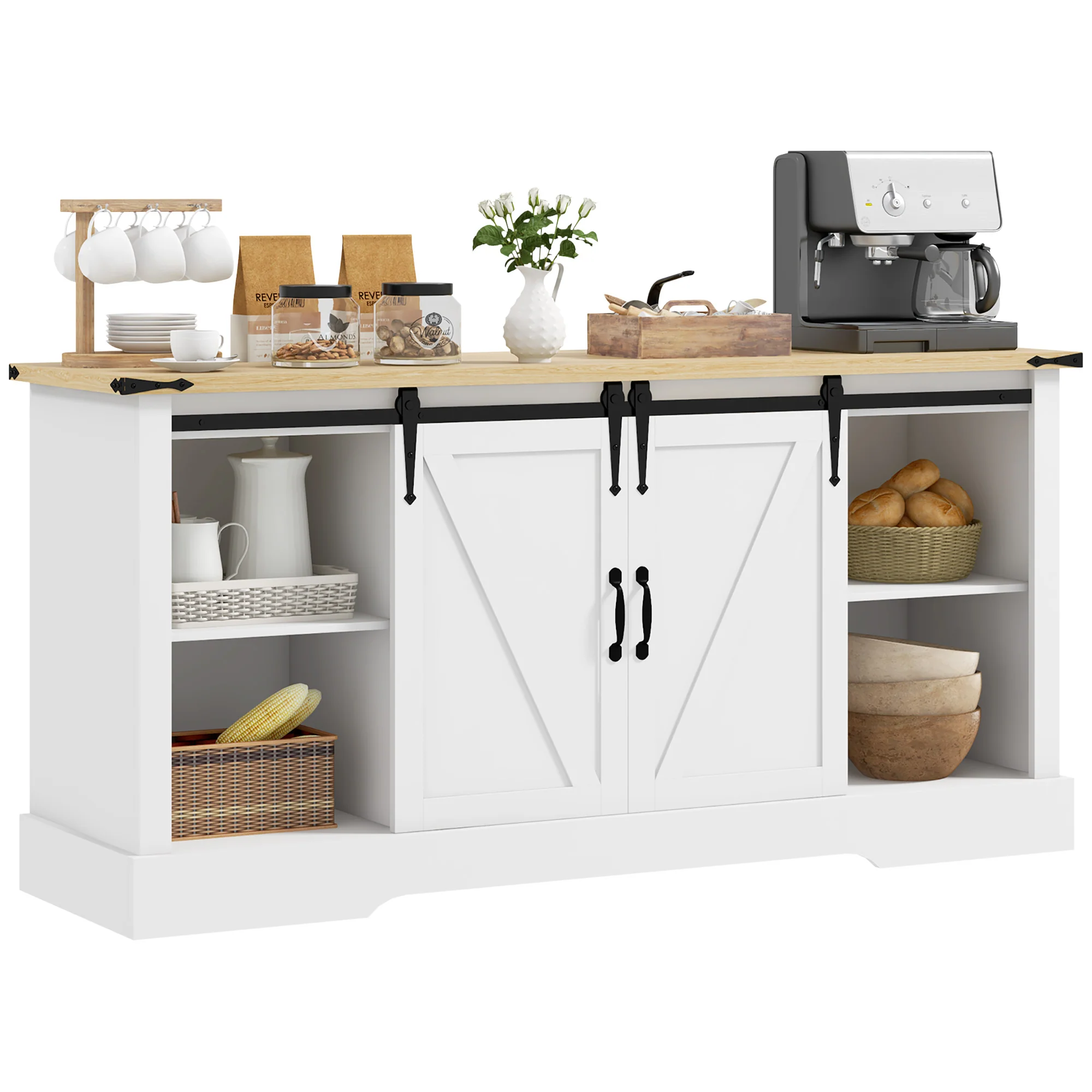 Buffet, meuble de rangement, avec 2 portes coulissantes étagères réglables, pour le salon, salle à manger, couloir, 150l x 40P x 72H cm, en bois, blanc chêne - Image 11