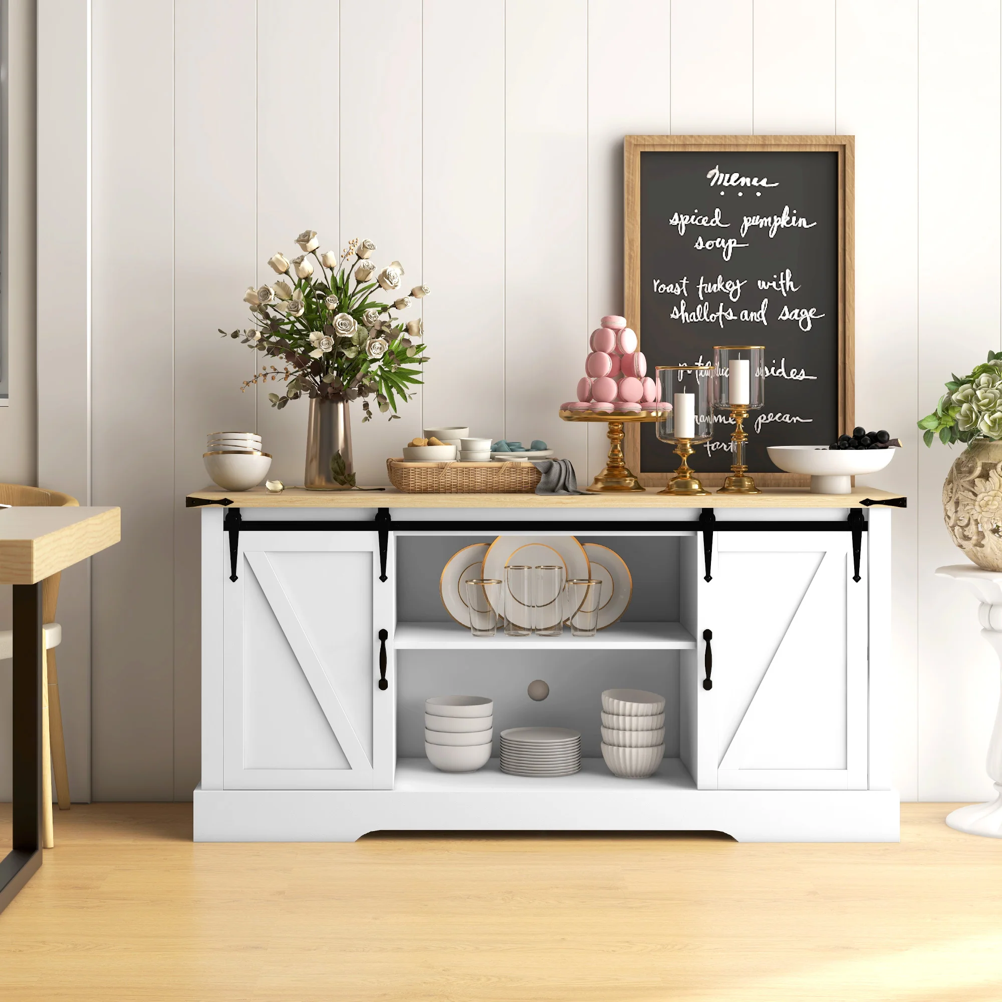 Buffet, meuble de rangement, avec 2 portes coulissantes étagères réglables, pour le salon, salle à manger, couloir, 150l x 40P x 72H cm, en bois, blanc chêne - Image 3