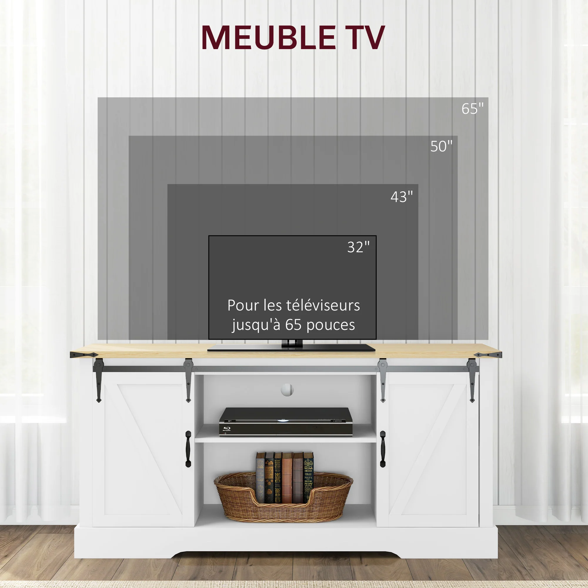 Buffet, meuble de rangement, avec 2 portes coulissantes étagères réglables, pour le salon, salle à manger, couloir, 150l x 40P x 72H cm, en bois, blanc chêne - Image 5