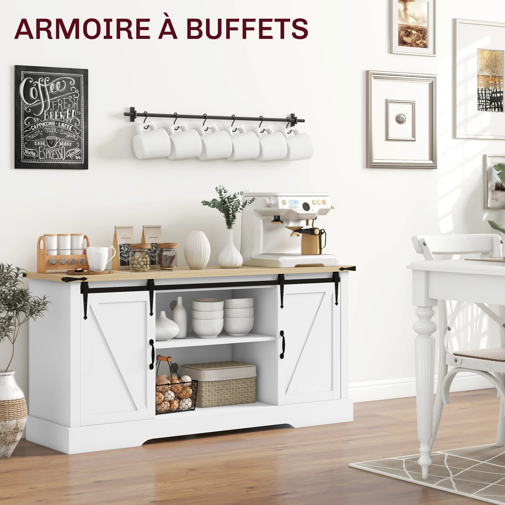 Buffet, meuble de rangement, avec 2 portes coulissantes étagères réglables, pour le salon, salle à manger, couloir, 150l x 40P x 72H cm, en bois, blanc chêne - Image 6