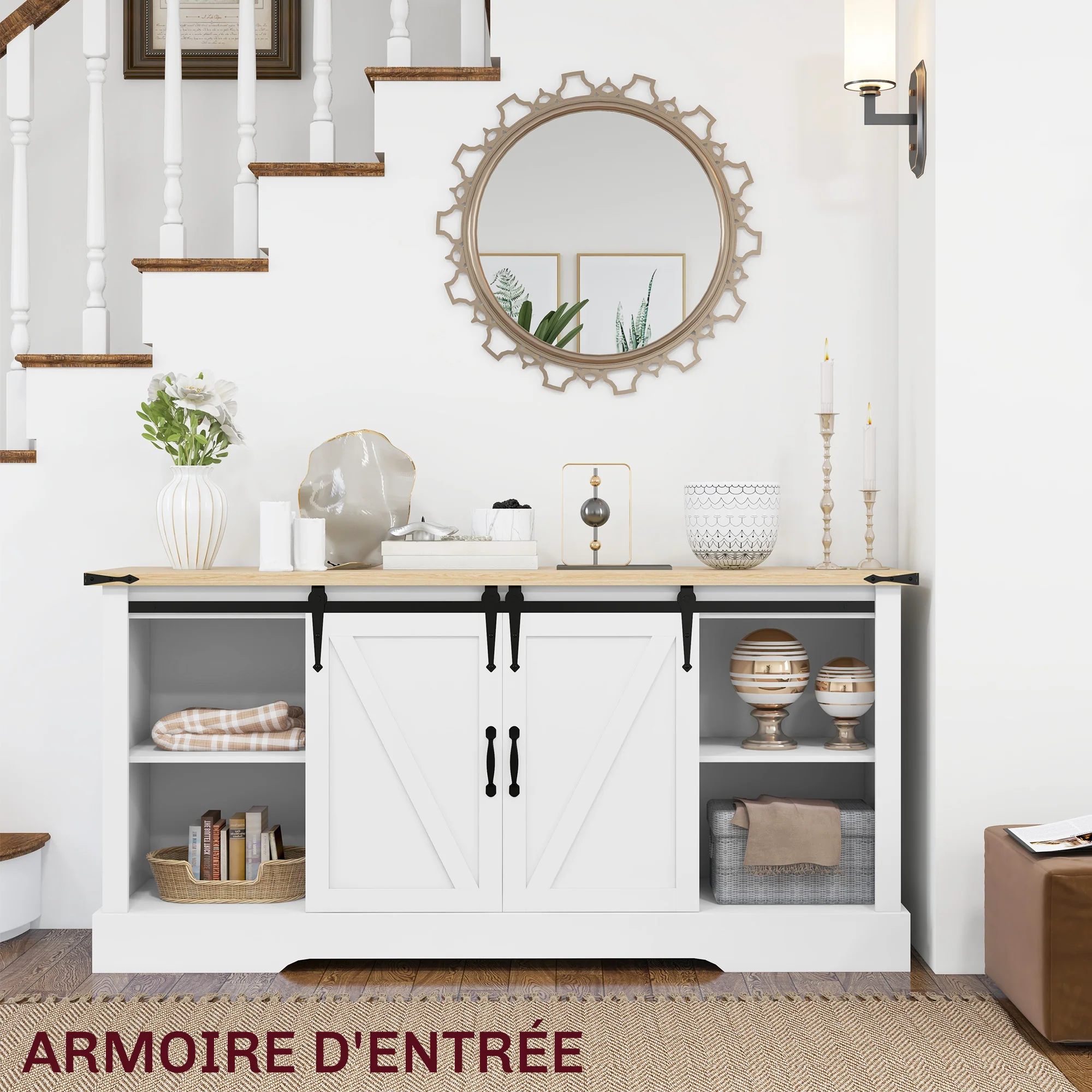 Buffet, meuble de rangement, avec 2 portes coulissantes étagères réglables, pour le salon, salle à manger, couloir, 150l x 40P x 72H cm, en bois, blanc chêne - Image 7