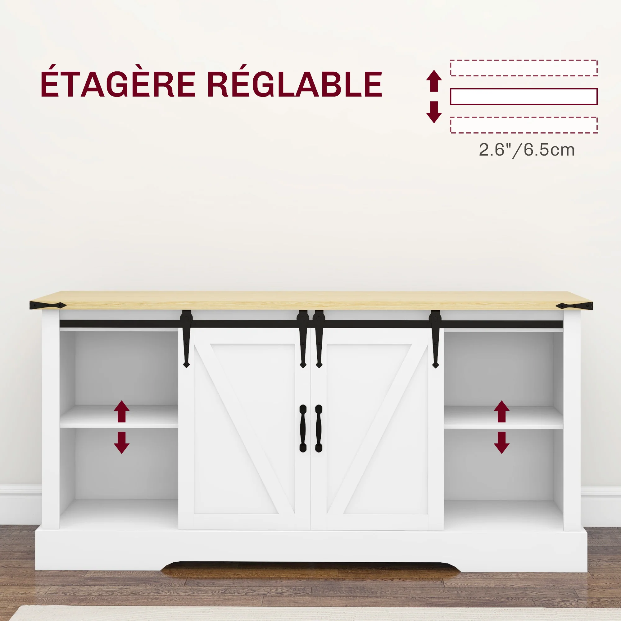 Buffet, meuble de rangement, avec 2 portes coulissantes étagères réglables, pour le salon, salle à manger, couloir, 150l x 40P x 72H cm, en bois, blanc chêne - Image 8