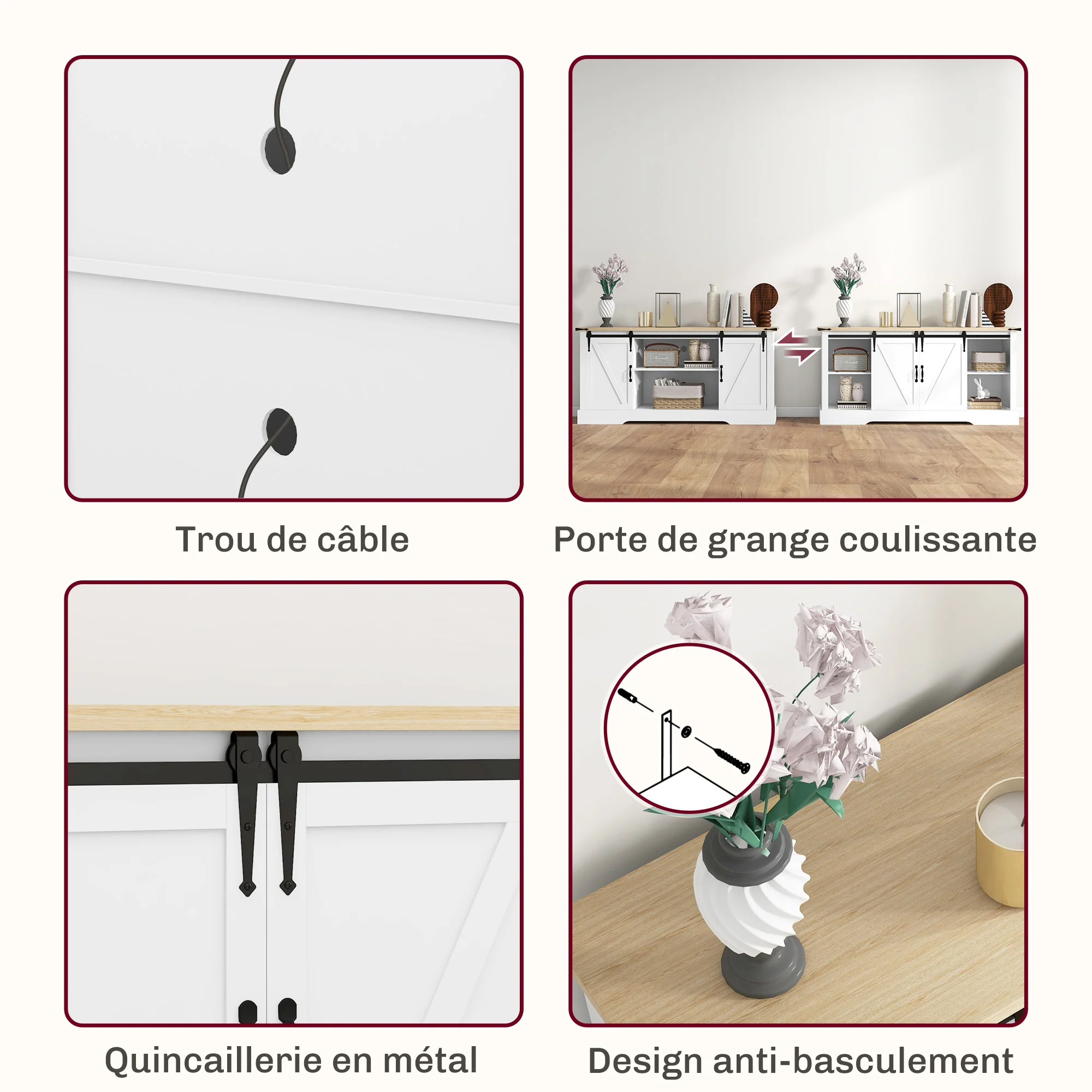 Buffet, meuble de rangement, avec 2 portes coulissantes étagères réglables, pour le salon, salle à manger, couloir, 150l x 40P x 72H cm, en bois, blanc chêne - Image 9
