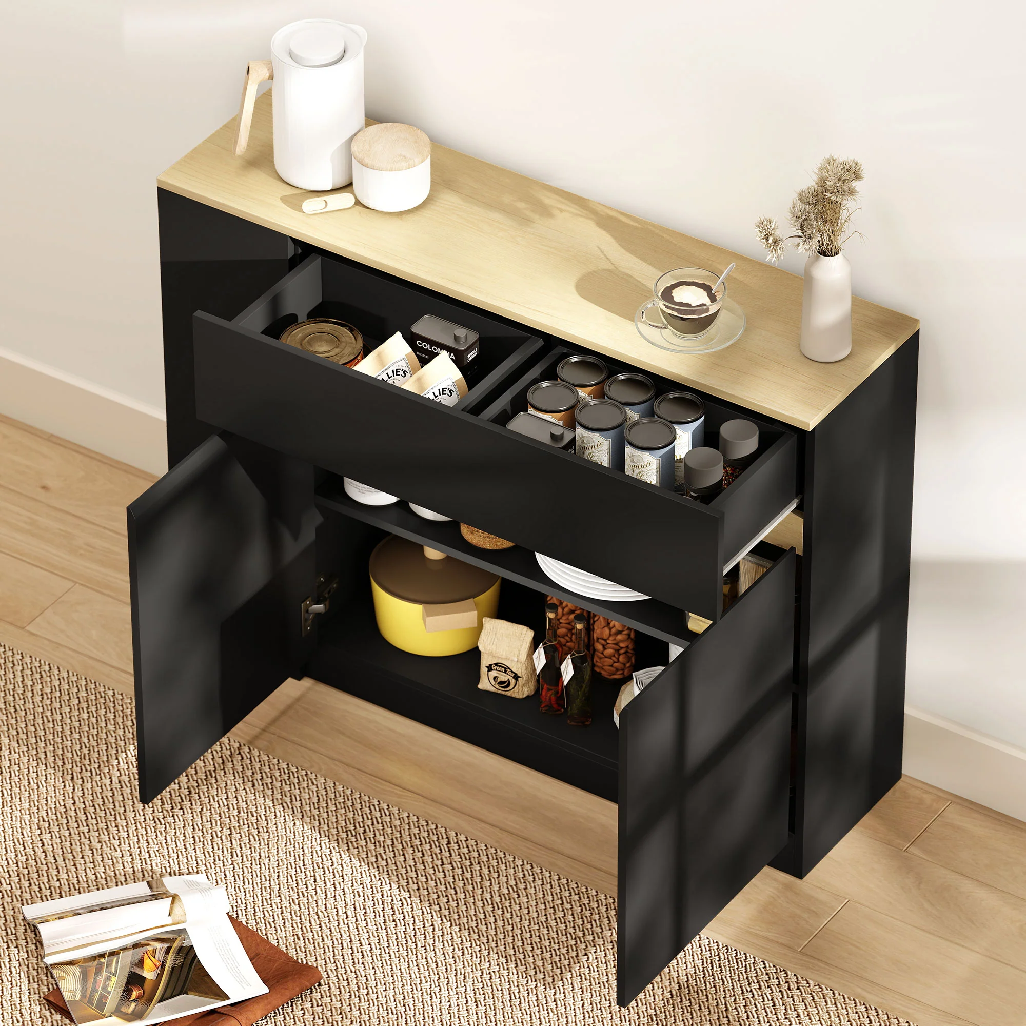 Buffet, meuble de rangement, avec placard 2 portes, étagère réglable, 2 tiroirs, 3 étagères ouvertes, 110 x 29,5 x 82 cm, pour salle à manger, salon, cuisine, noir - Image 10