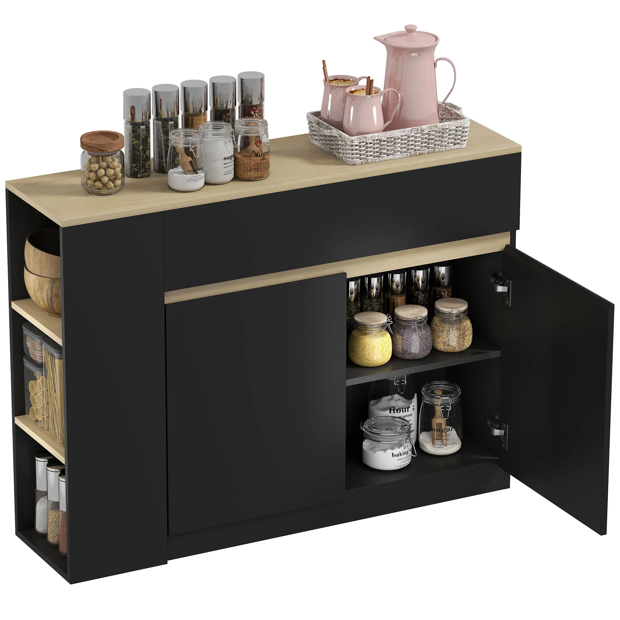 Buffet, meuble de rangement, avec placard 2 portes, étagère réglable, 2 tiroirs, 3 étagères ouvertes, 110 x 29,5 x 82 cm, pour salle à manger, salon, cuisine, noir - Image 11