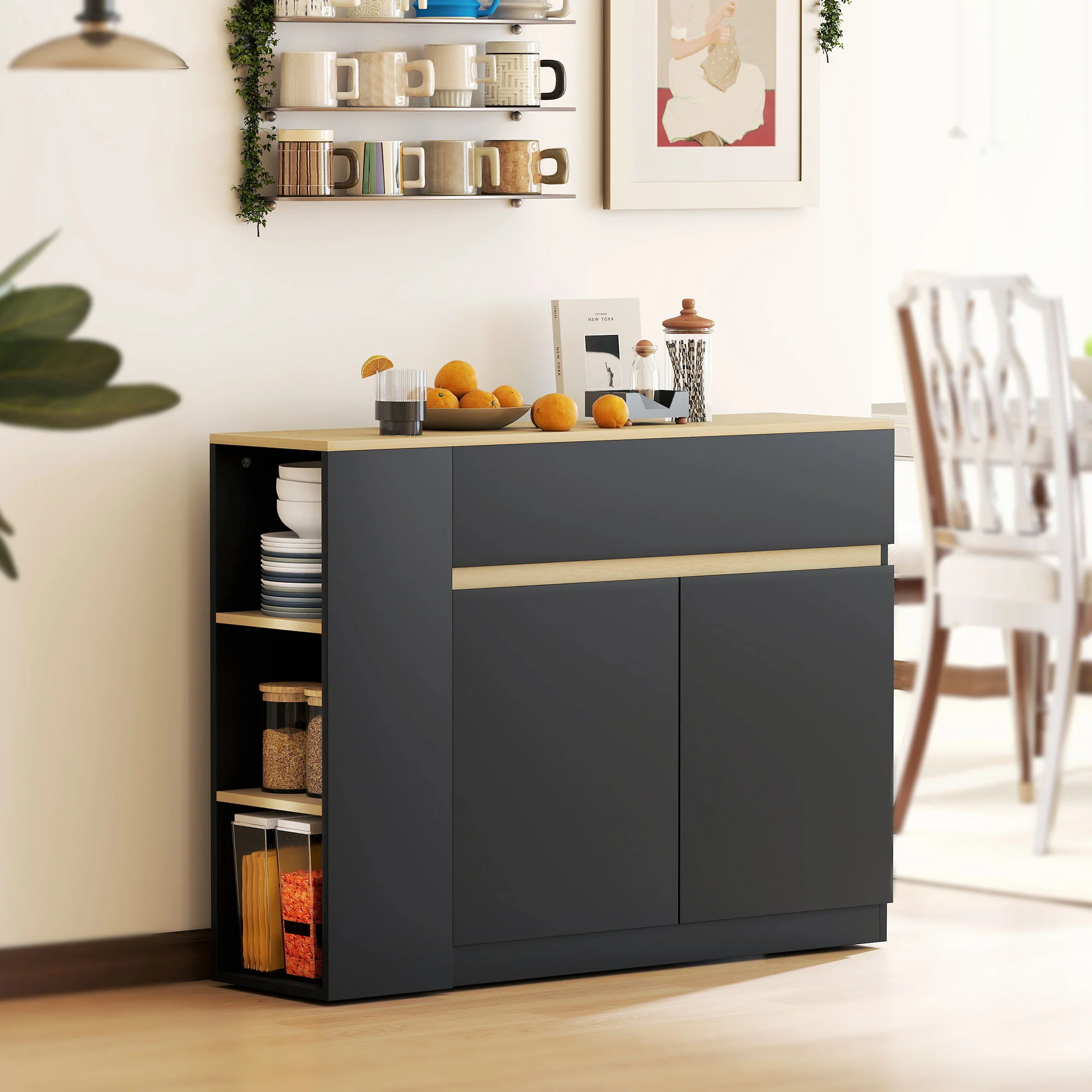 Buffet, meuble de rangement, avec placard 2 portes, étagère réglable, 2 tiroirs, 3 étagères ouvertes, 110 x 29,5 x 82 cm, pour salle à manger, salon, cuisine, noir - Image 3