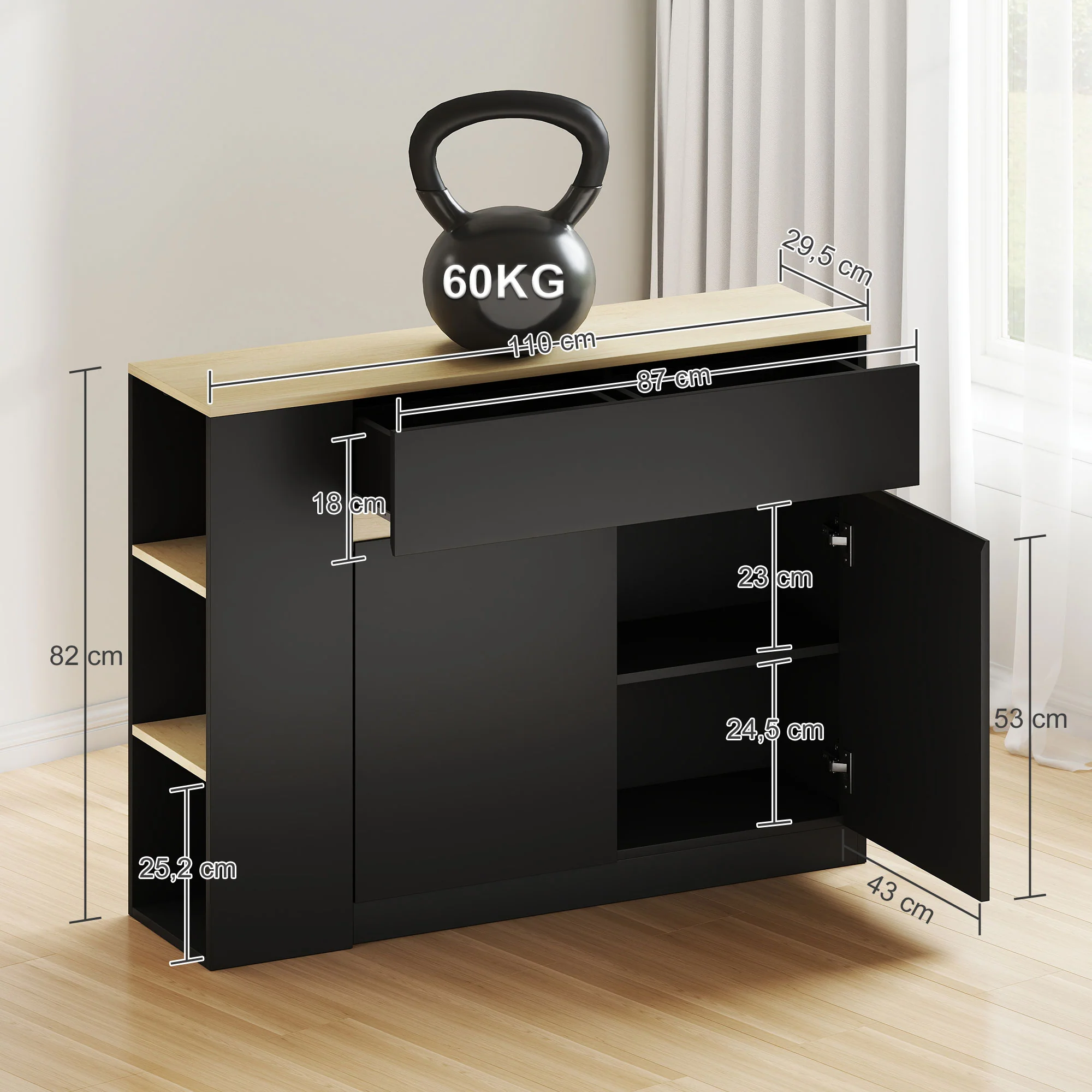 Buffet, meuble de rangement, avec placard 2 portes, étagère réglable, 2 tiroirs, 3 étagères ouvertes, 110 x 29,5 x 82 cm, pour salle à manger, salon, cuisine, noir - Image 4