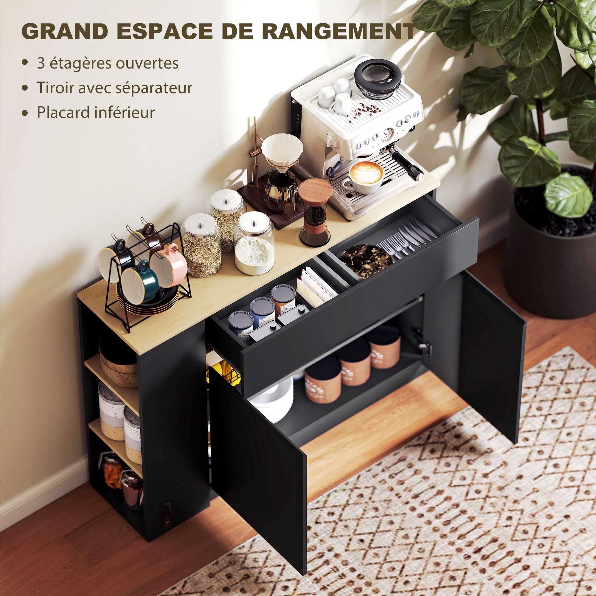 Buffet, meuble de rangement, avec placard 2 portes, étagère réglable, 2 tiroirs, 3 étagères ouvertes, 110 x 29,5 x 82 cm, pour salle à manger, salon, cuisine, noir - Image 5