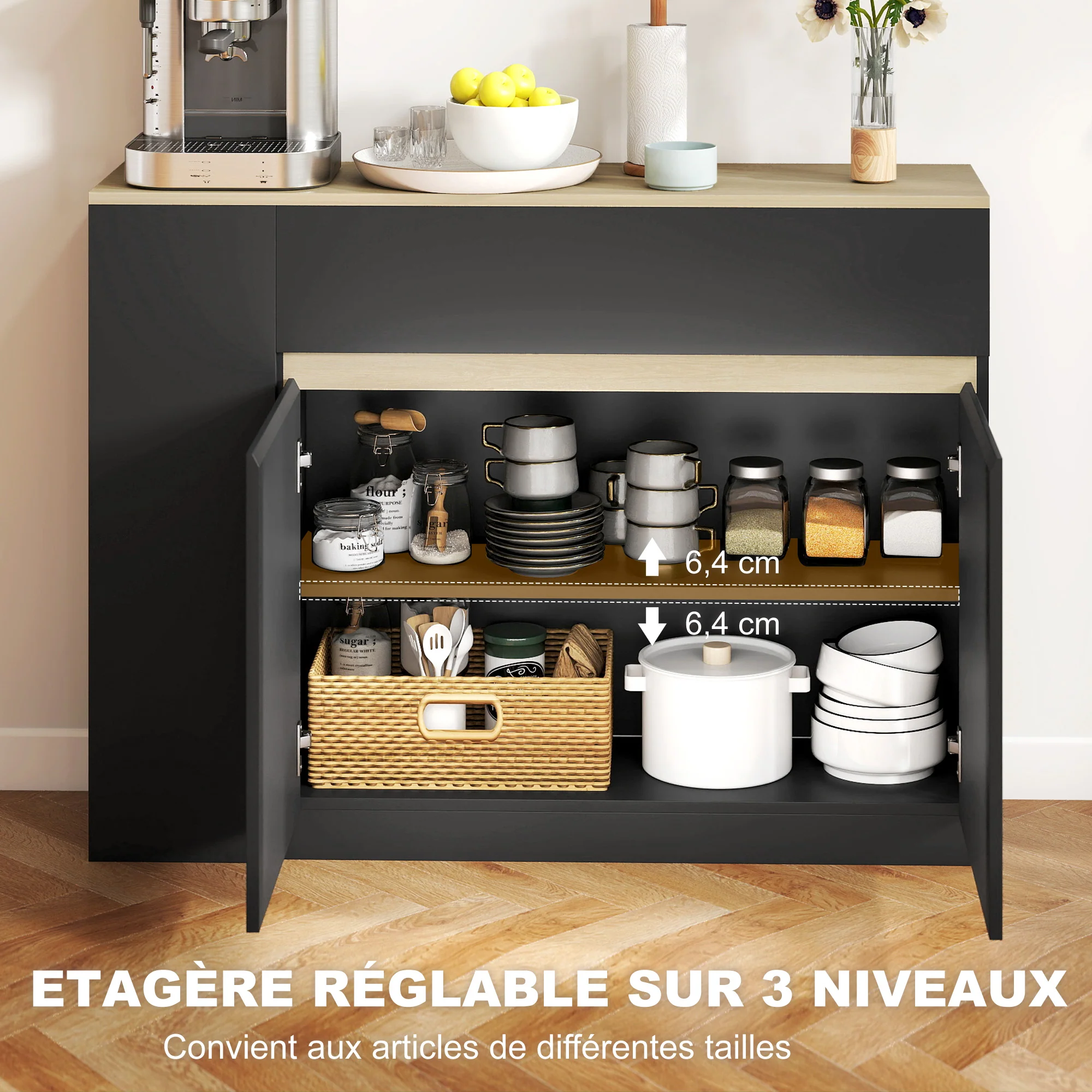 Buffet, meuble de rangement, avec placard 2 portes, étagère réglable, 2 tiroirs, 3 étagères ouvertes, 110 x 29,5 x 82 cm, pour salle à manger, salon, cuisine, noir - Image 6