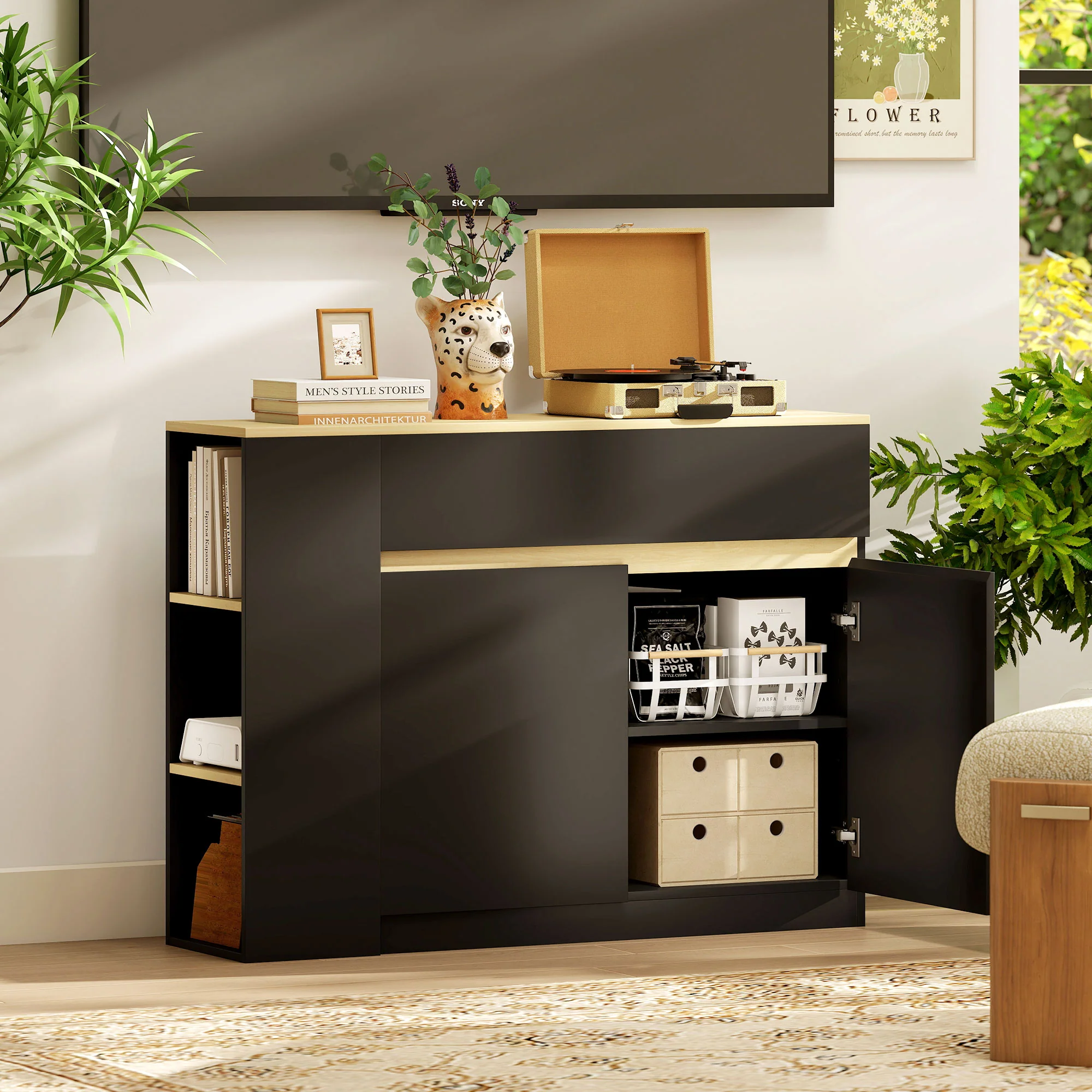 Buffet, meuble de rangement, avec placard 2 portes, étagère réglable, 2 tiroirs, 3 étagères ouvertes, 110 x 29,5 x 82 cm, pour salle à manger, salon, cuisine, noir - Image 8