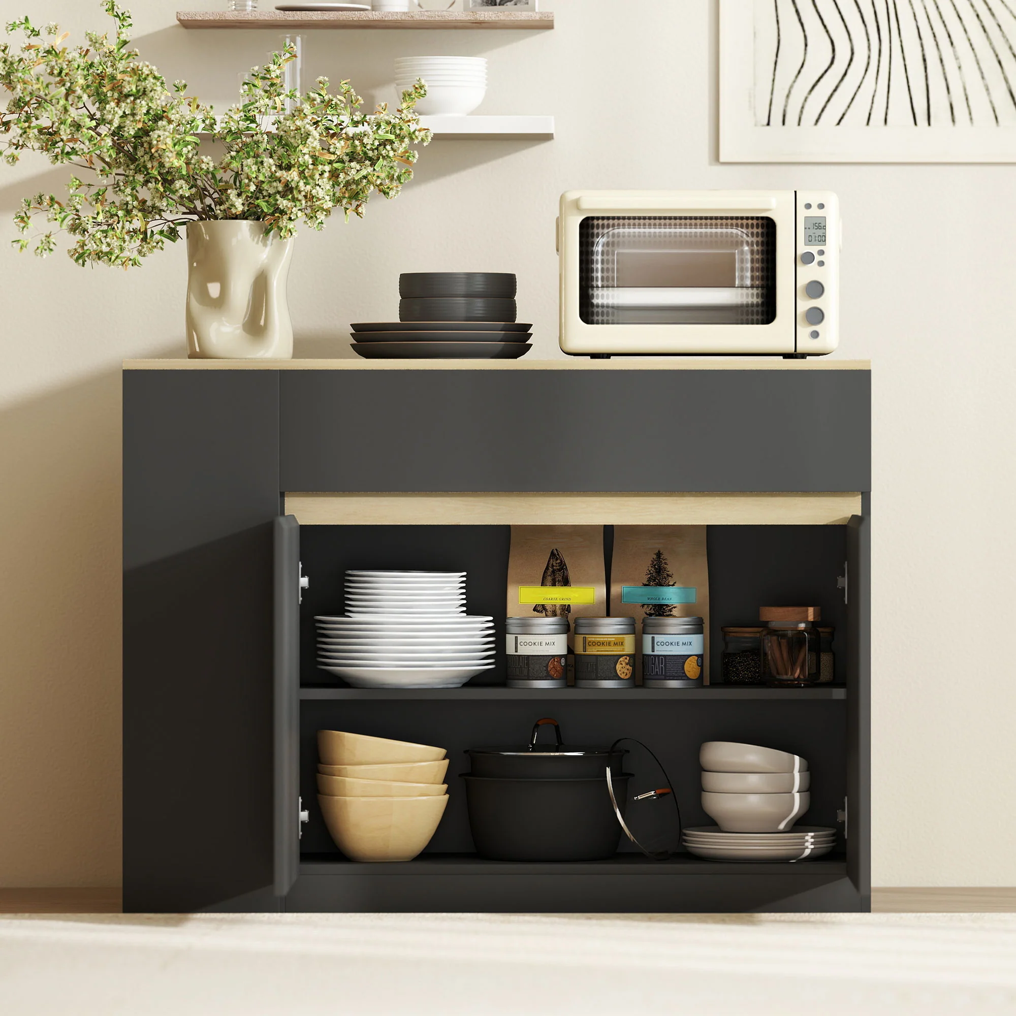Buffet, meuble de rangement, avec placard 2 portes, étagère réglable, 2 tiroirs, 3 étagères ouvertes, 110 x 29,5 x 82 cm, pour salle à manger, salon, cuisine, noir - Image 9