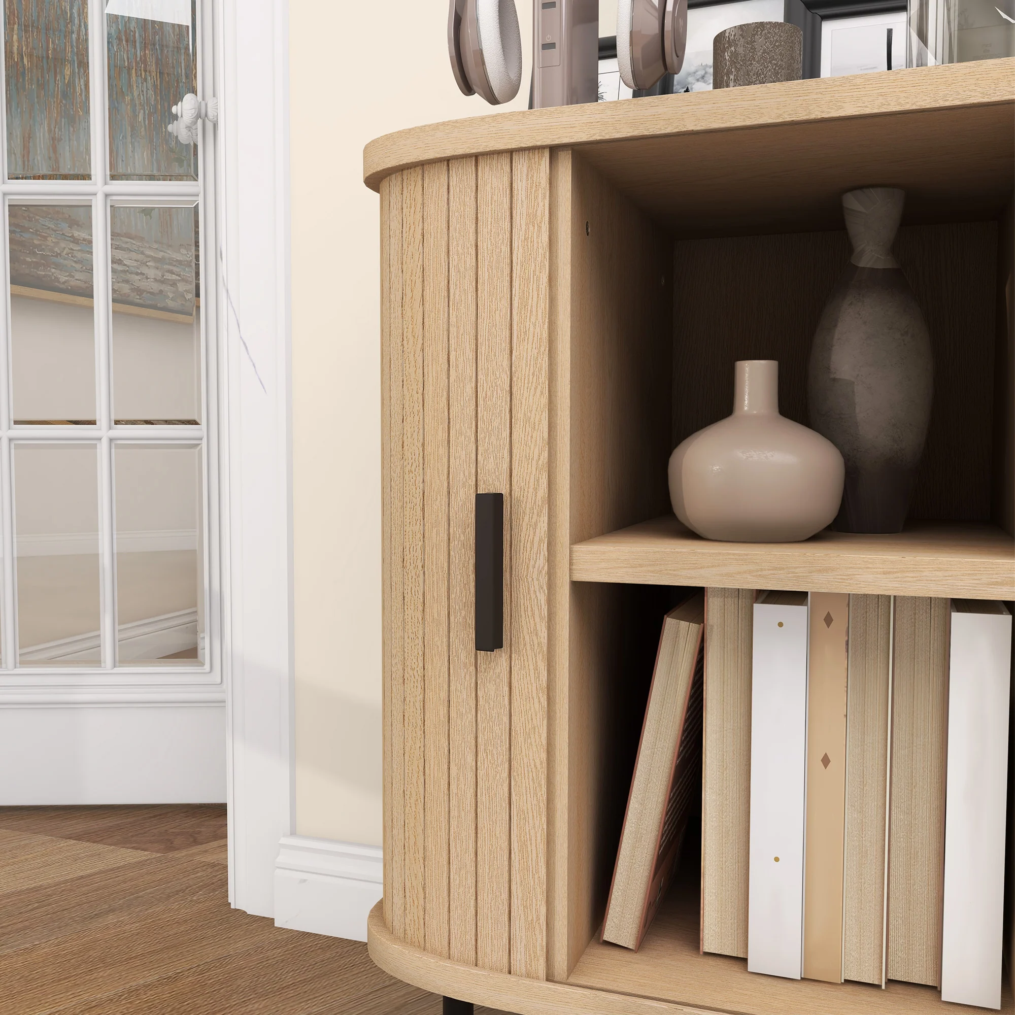 Buffet meuble de rangement avec portes coulissantes à lattes, armoire de cuisine avec pieds en acier, dim. 90L x 40l x 75H cm ton chêne - Image 10